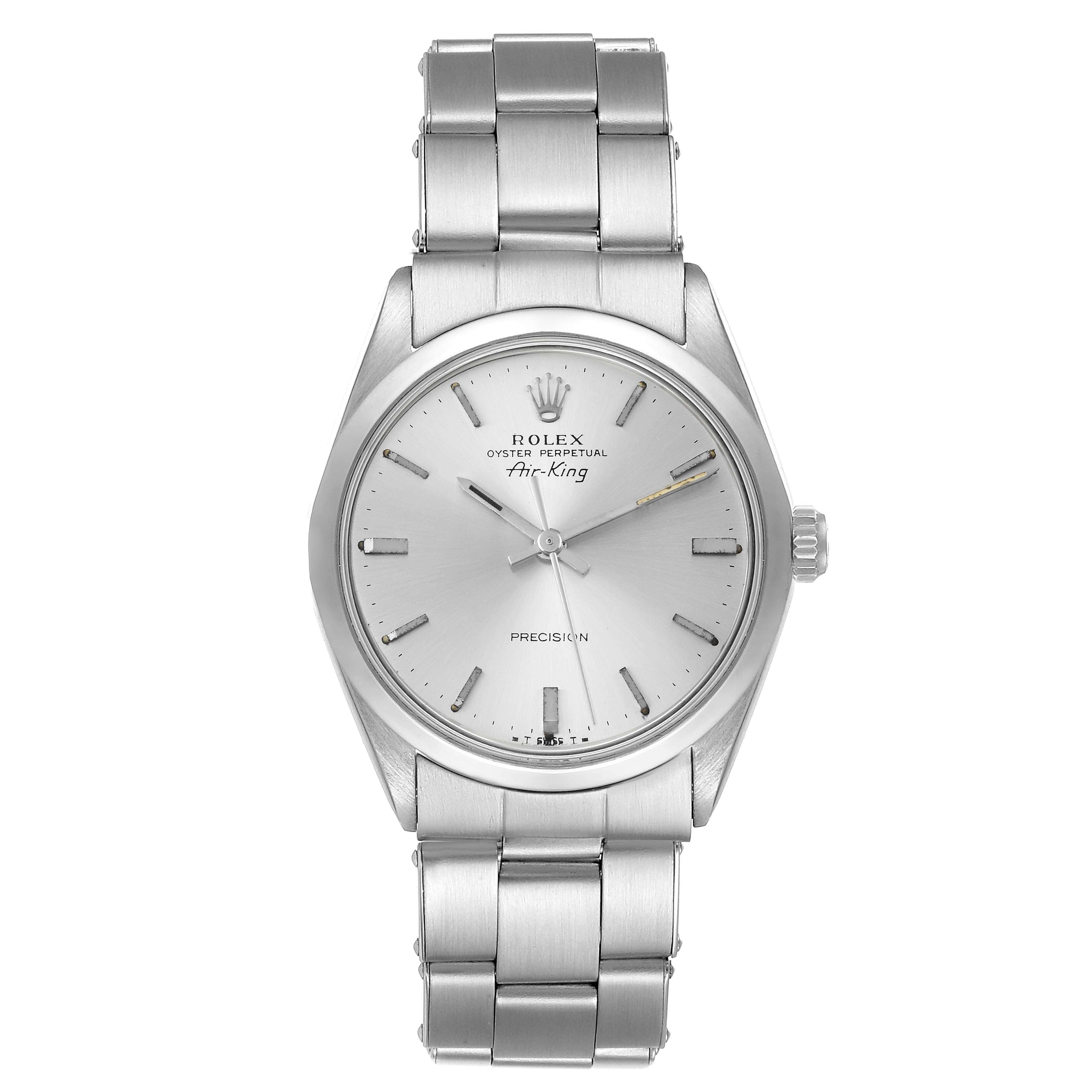 The image shows a full frontal view of a Rolex Vintage Collection 5500 Men's Stainless Steel Silver Dial 5500 Men's Stainless Steel Silver Dial Air-King watch, including the face, bracelet, and crown.