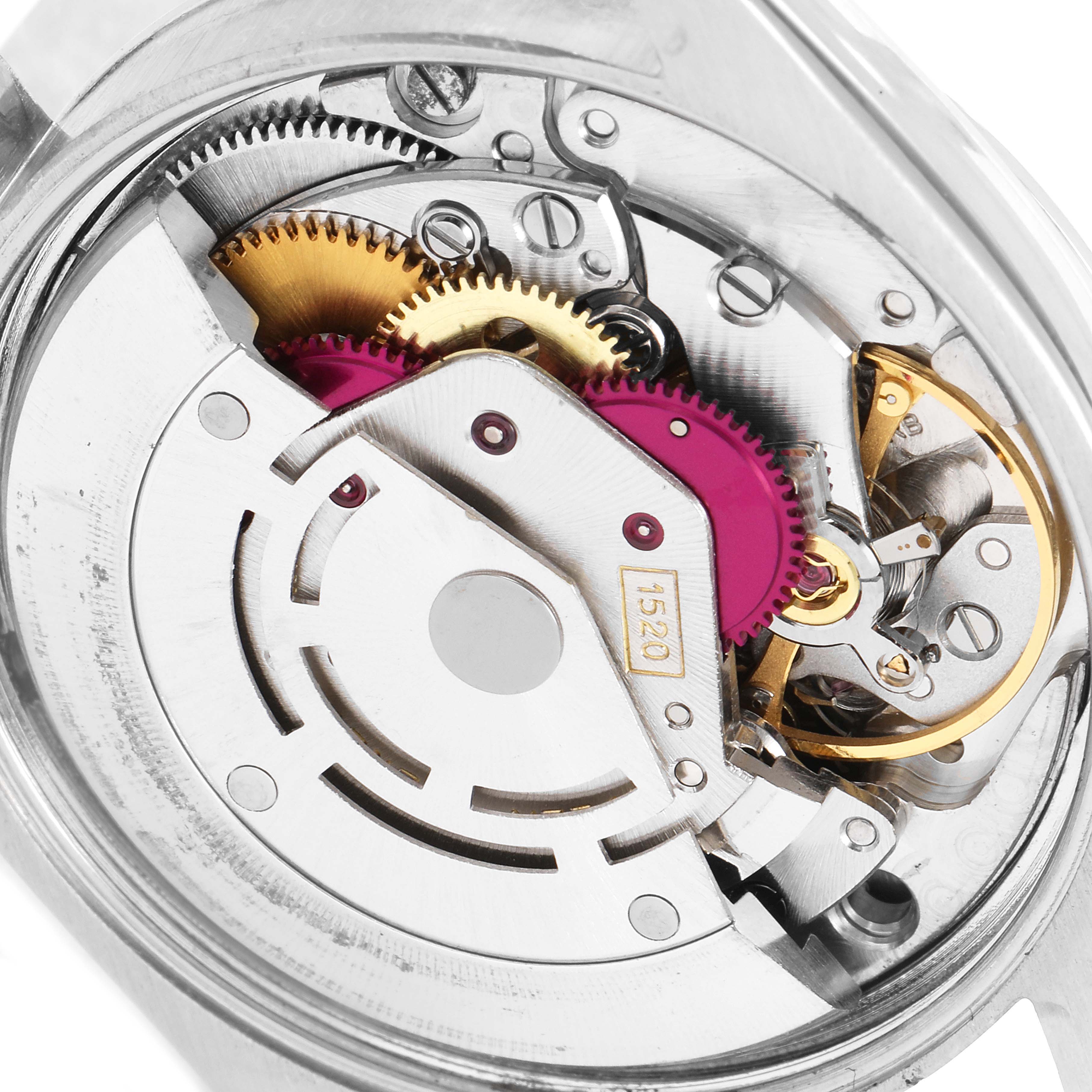 This image shows the detailed internal mechanism of the Rolex Vintage Collection 5500 Men
s Stainless Steel Silver Dial 5500 Men
s Stainless Steel Silver Dial watch, highlighting gears and movement parts.
