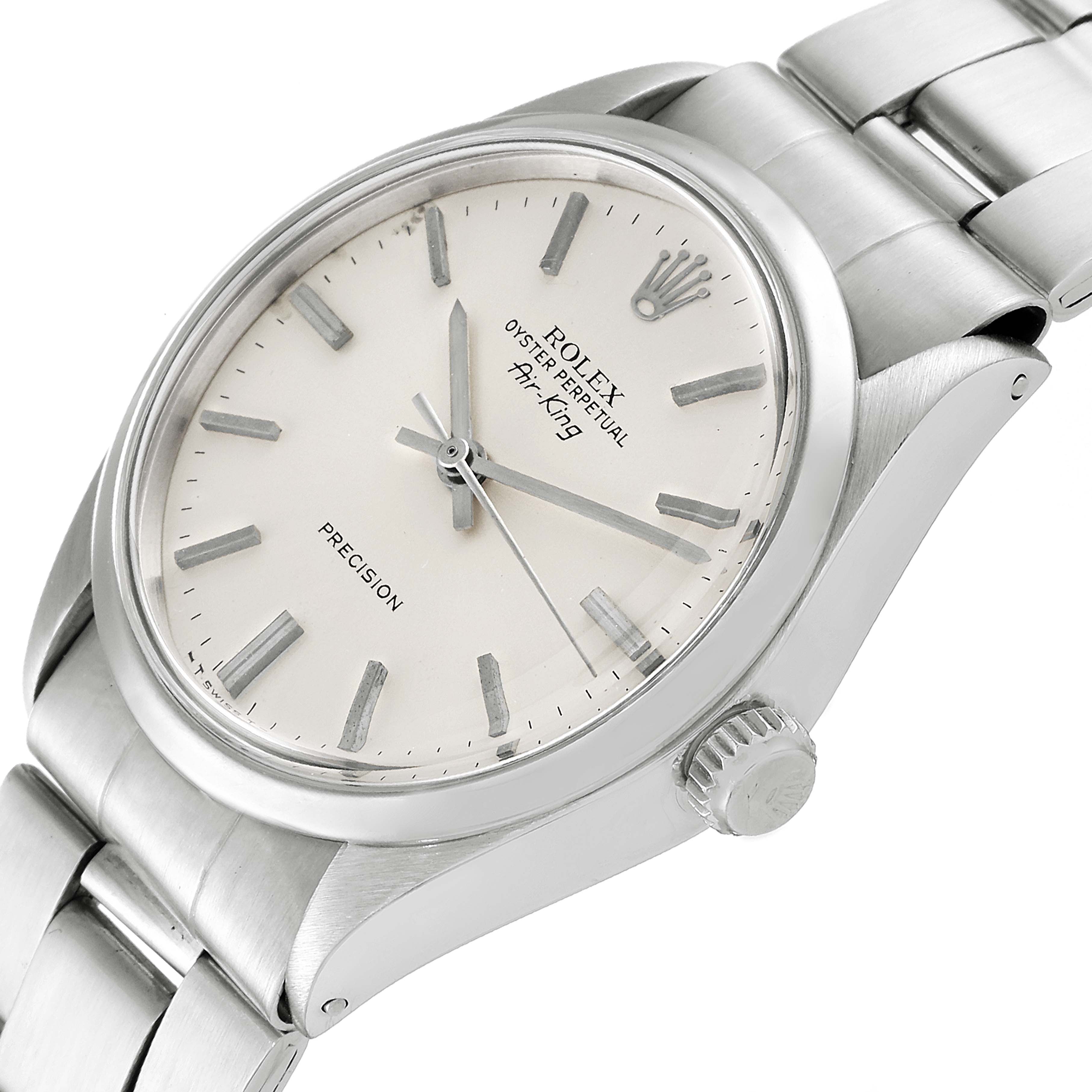 The image shows a diagonal close-up of the Rolex Vintage Collection 5500 Men
s Stainless Steel Silver Dial 5500 Men
s Stainless Steel Silver Dial watch, focusing on its face and part of the bracelet.