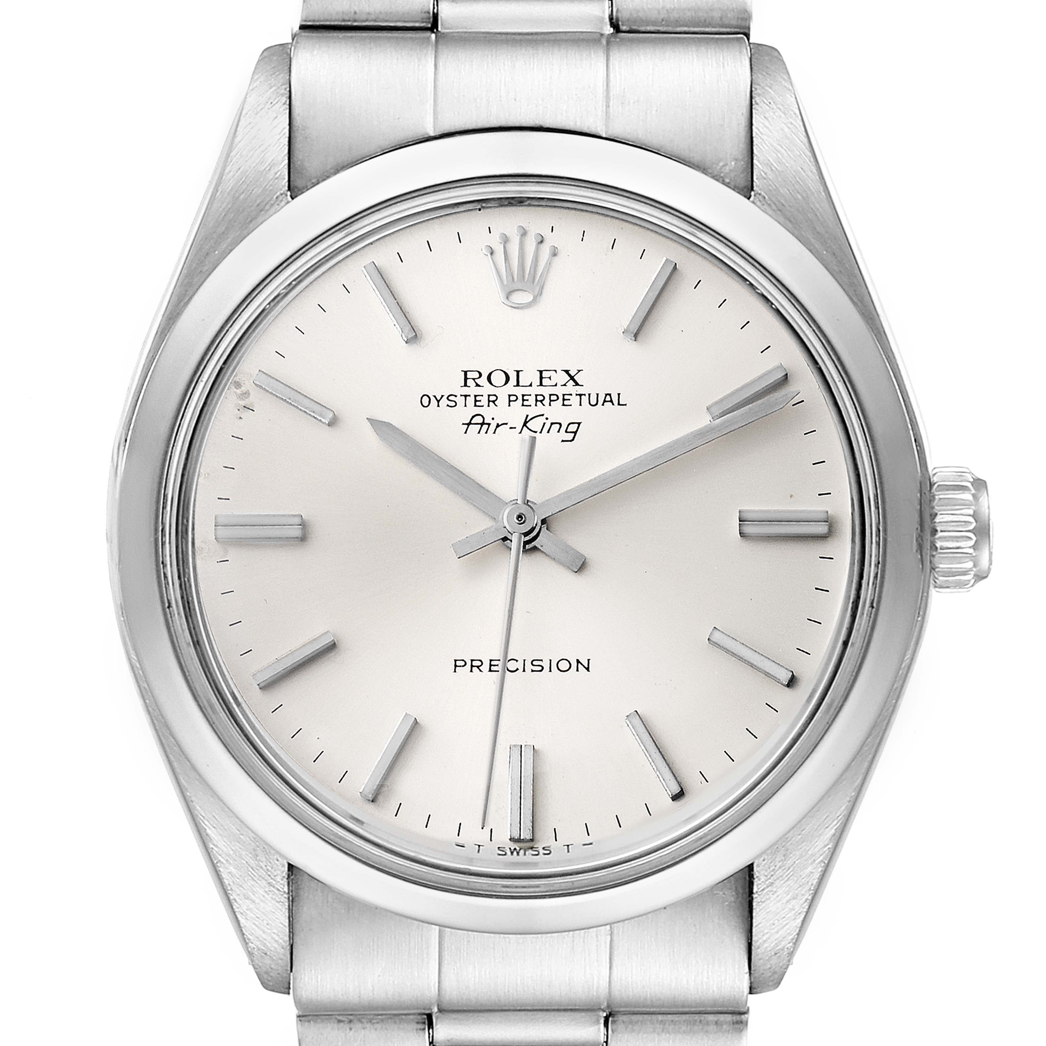 The image shows a direct front view of the Rolex Vintage Collection 5500 Men
s Stainless Steel Silver Dial 5500 Men
s Stainless Steel Silver Dial Oyster Perpetual Air-King watch, highlighting the dial and bezel.