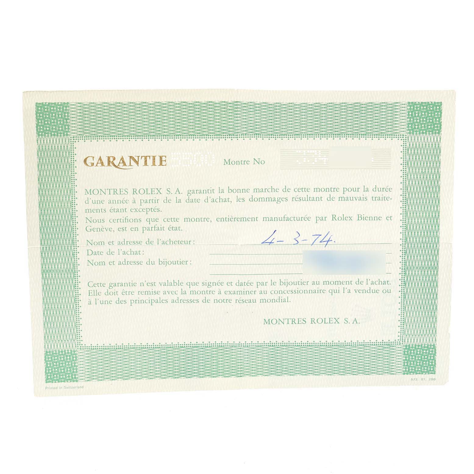 This image shows a warranty card for a Rolex Vintage Collection 5500 Men
s Stainless Steel Silver Dial 5500 Men
s Stainless Steel Silver Dial watch, detailing purchase date and jeweler information.