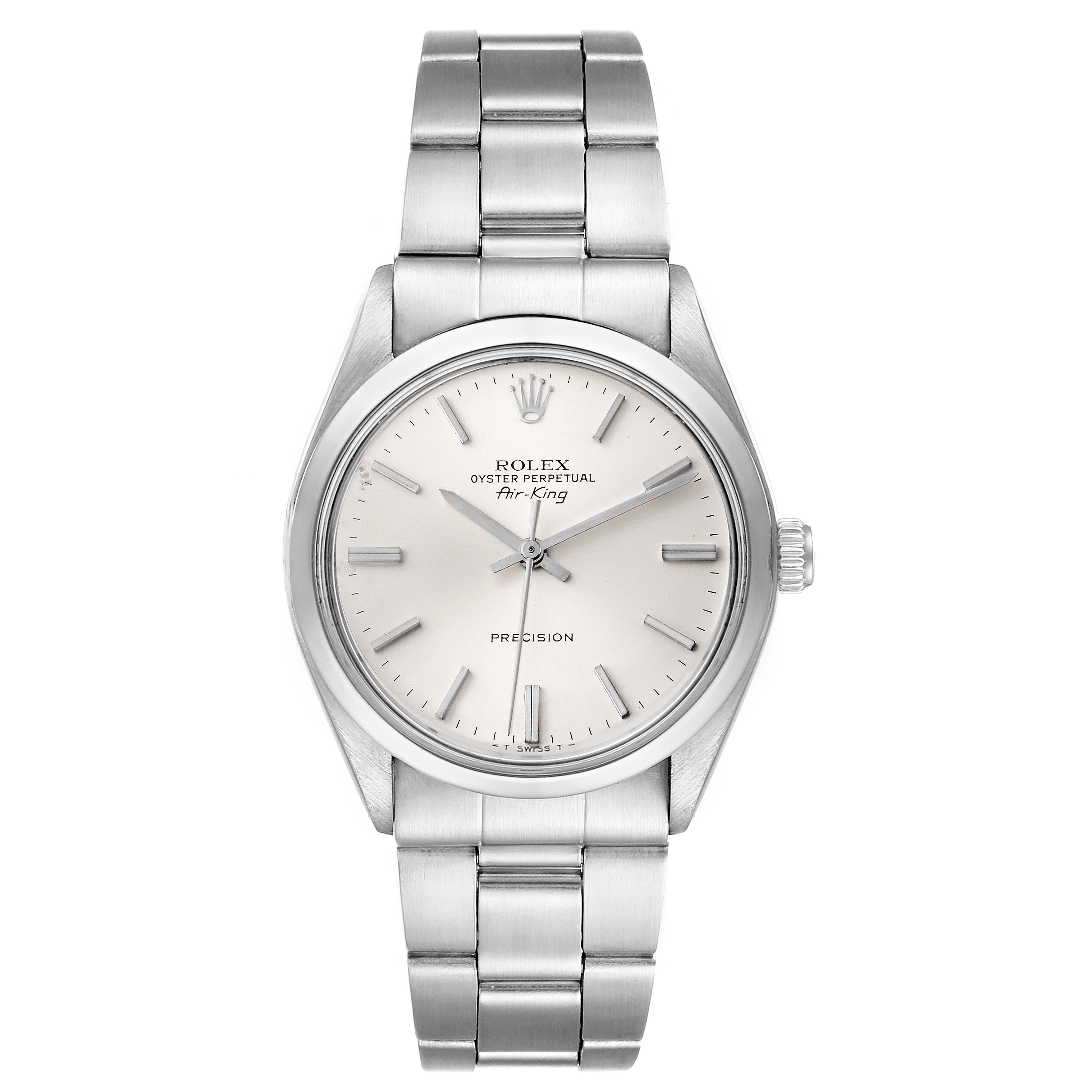 The image shows a front view of a Rolex Vintage Collection 5500 Men
s Stainless Steel Silver Dial 5500 Men
s Stainless Steel Silver Dial Oyster Perpetual Air-King watch, displaying the entire watch.