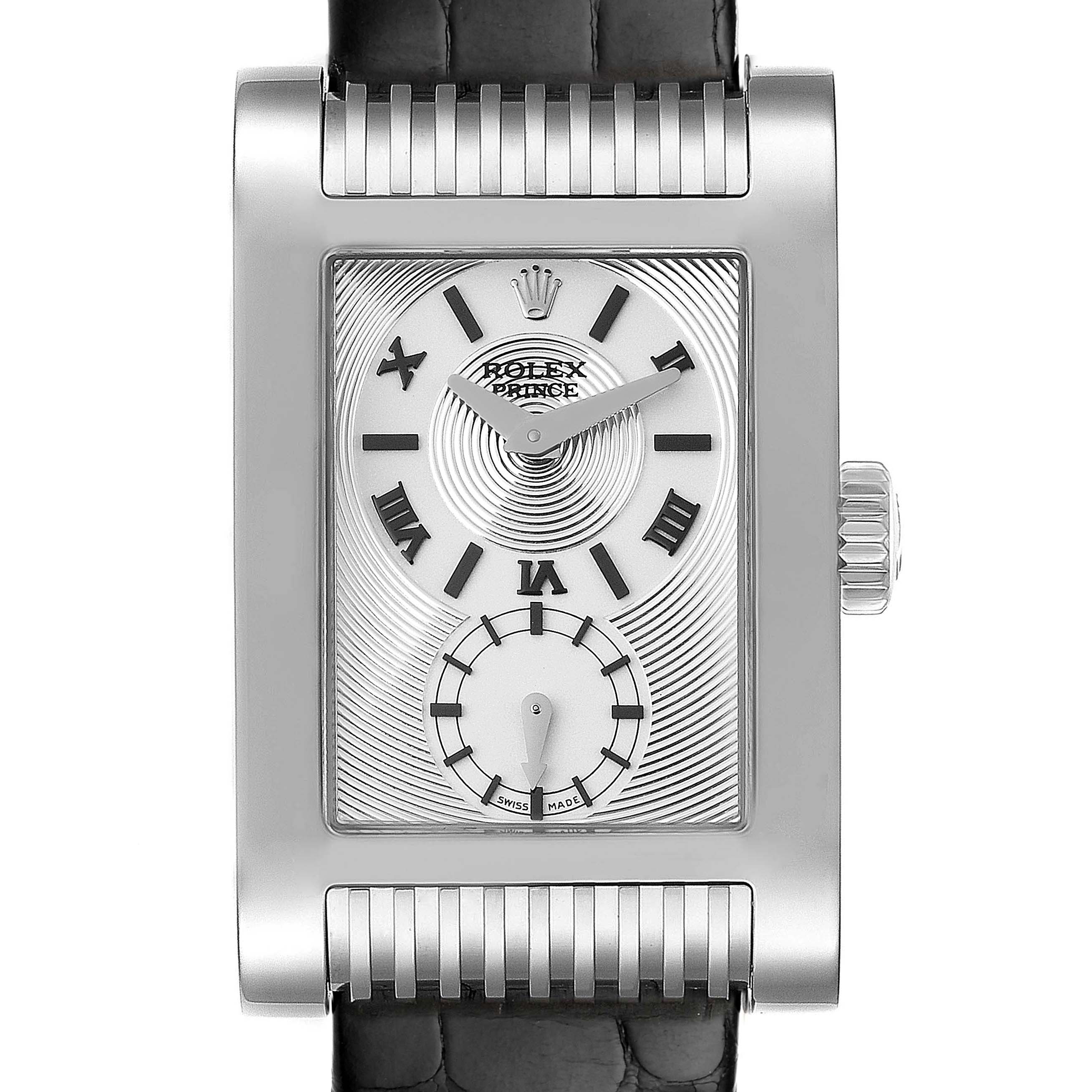 This image shows a front view of the Rolex Cellini 5441 Men
s White Gold Silver Dial 5441 Men
s White Gold Silver Dial Prince watch, highlighting its dial, case, and part of the leather strap.