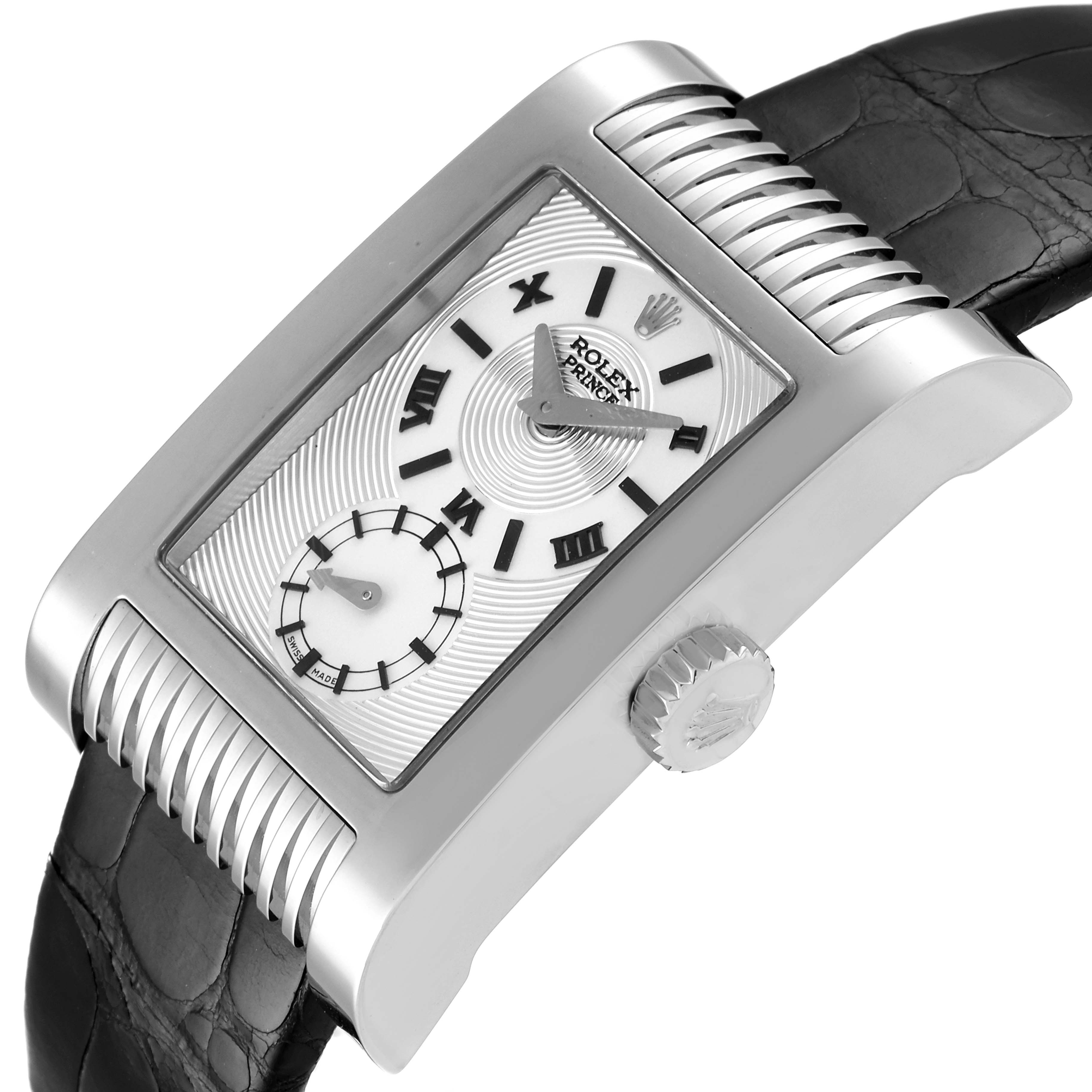 The image shows a Rolex Cellini 5441 Men
s White Gold Silver Dial 5441 Men
s White Gold Silver Dial watch, angled to display the face, crown, and part of the strap.