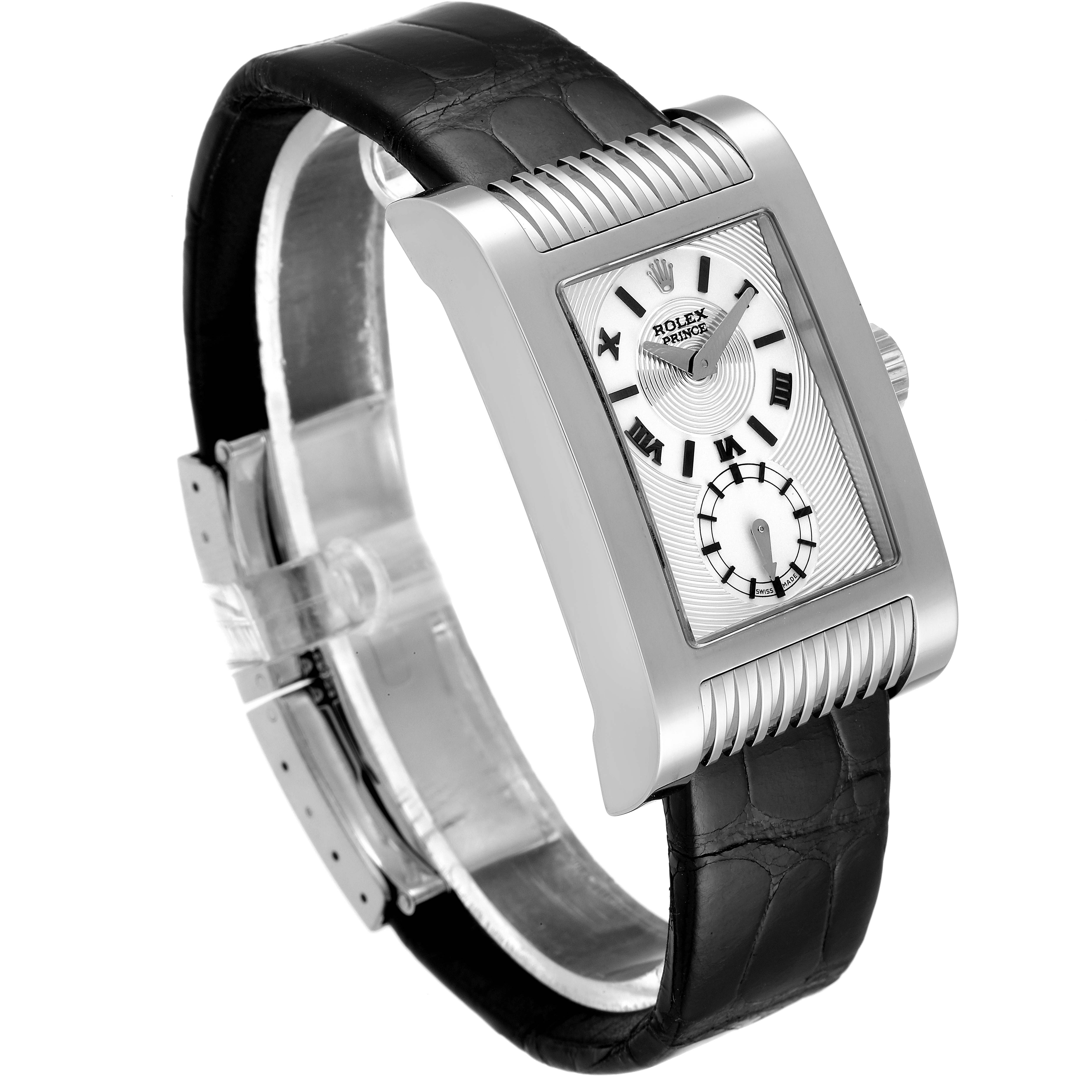 The Rolex Cellini 5441 Men
s White Gold Silver Dial 5441 Men
s White Gold Silver Dial model watch is shown at a slight angle, displaying its rectangular face, crown, and black leather strap.