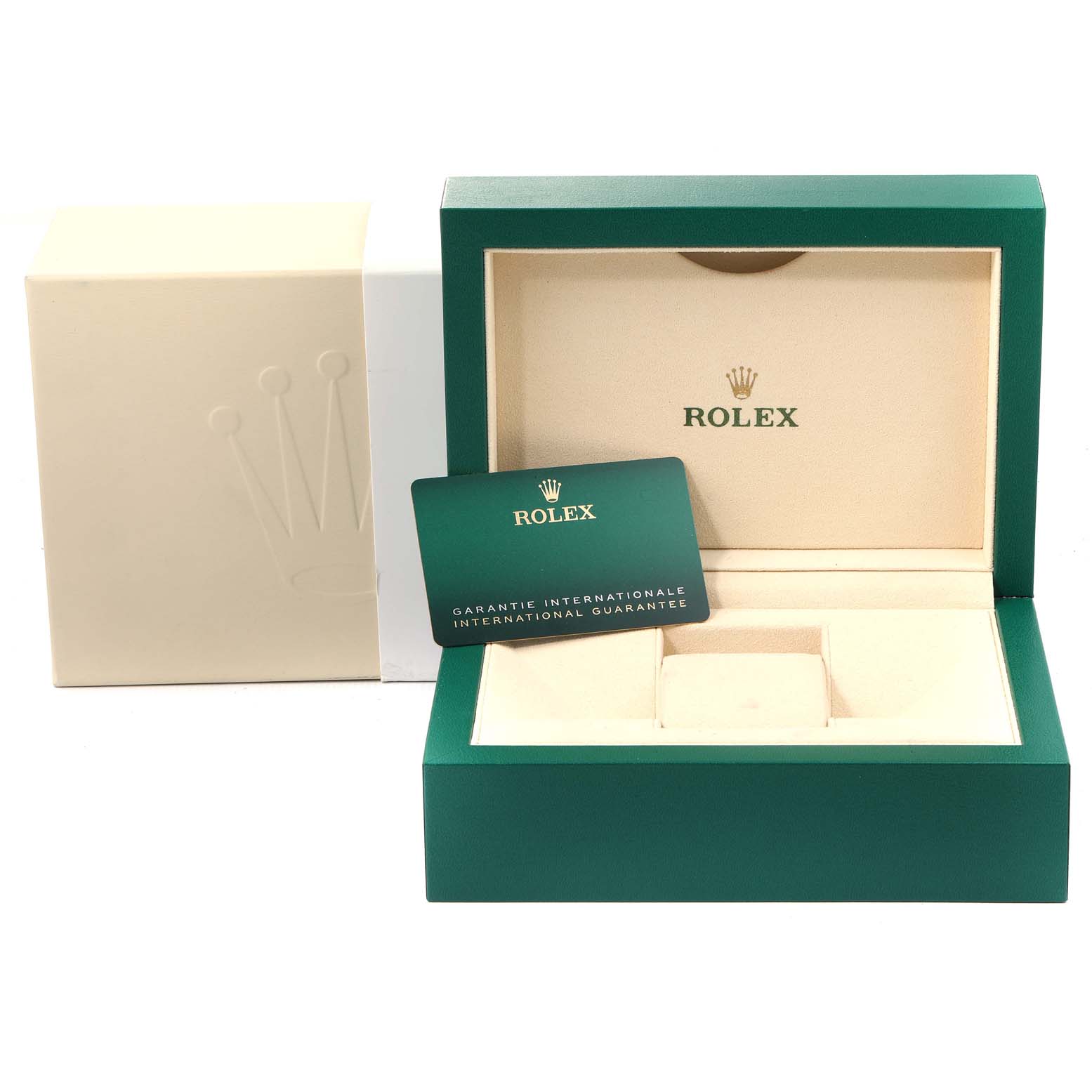 The image shows the packaging, including the box and international guarantee card, for the Rolex Cellini 5441 Men
s White Gold Silver Dial 5441 Men
s White Gold Silver Dial model watch.