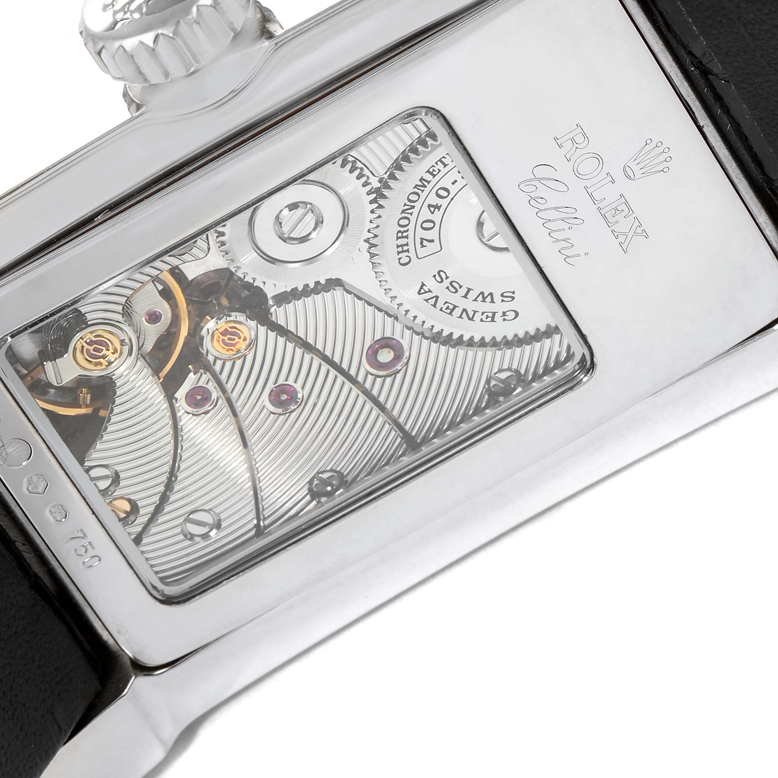 This image shows the back view of a Rolex Cellini 5441 Men
s White Gold Silver Dial 5441 Men
s White Gold Silver Dial watch, highlighting its intricate movement and mechanism.