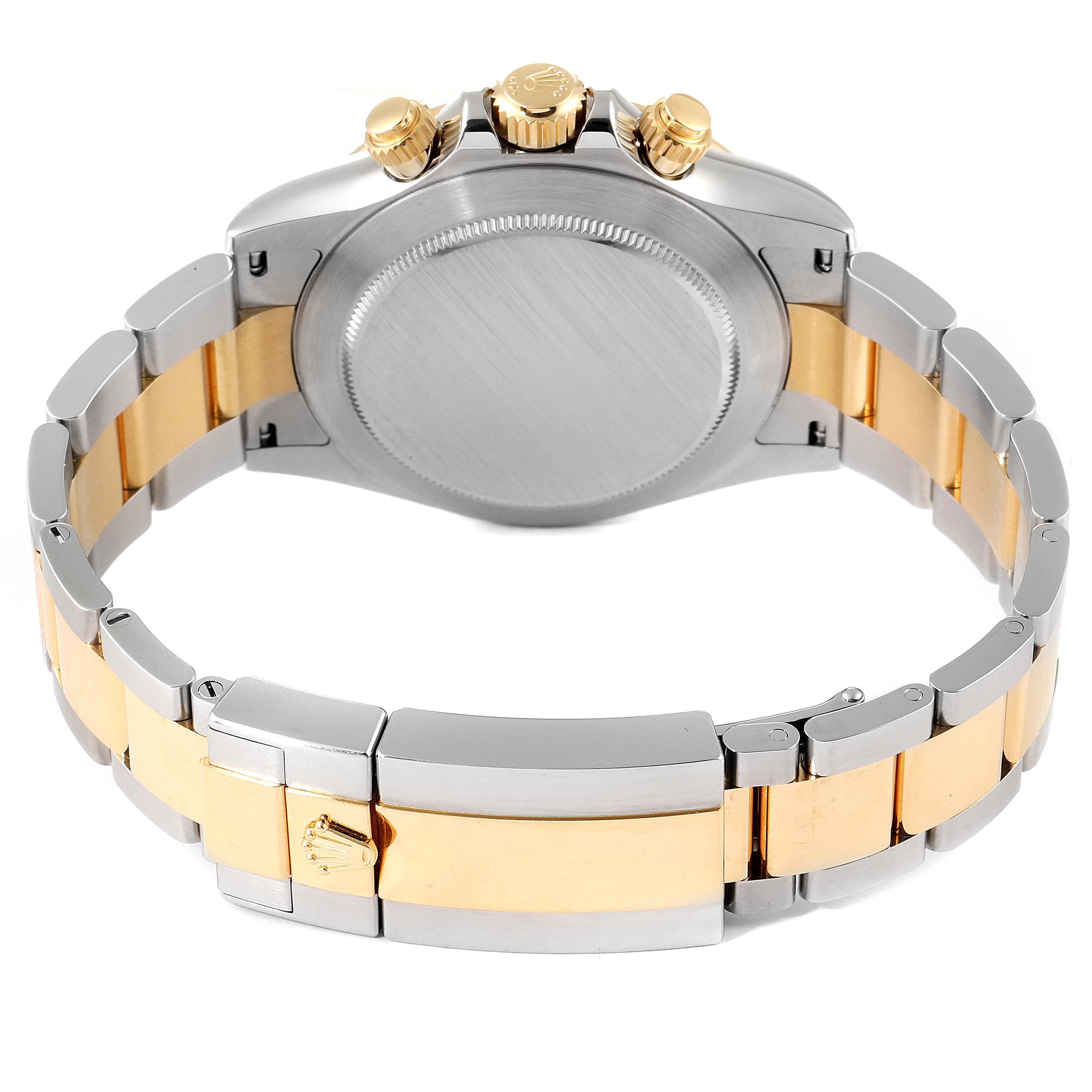 This image shows the back case and bracelet of a Rolex Daytona 116503 Men
s Steel and Gold (two tone) White Dial 116503 Men
s Steel and Gold (two tone) White Dial watch, highlighting its two-tone metal composition.