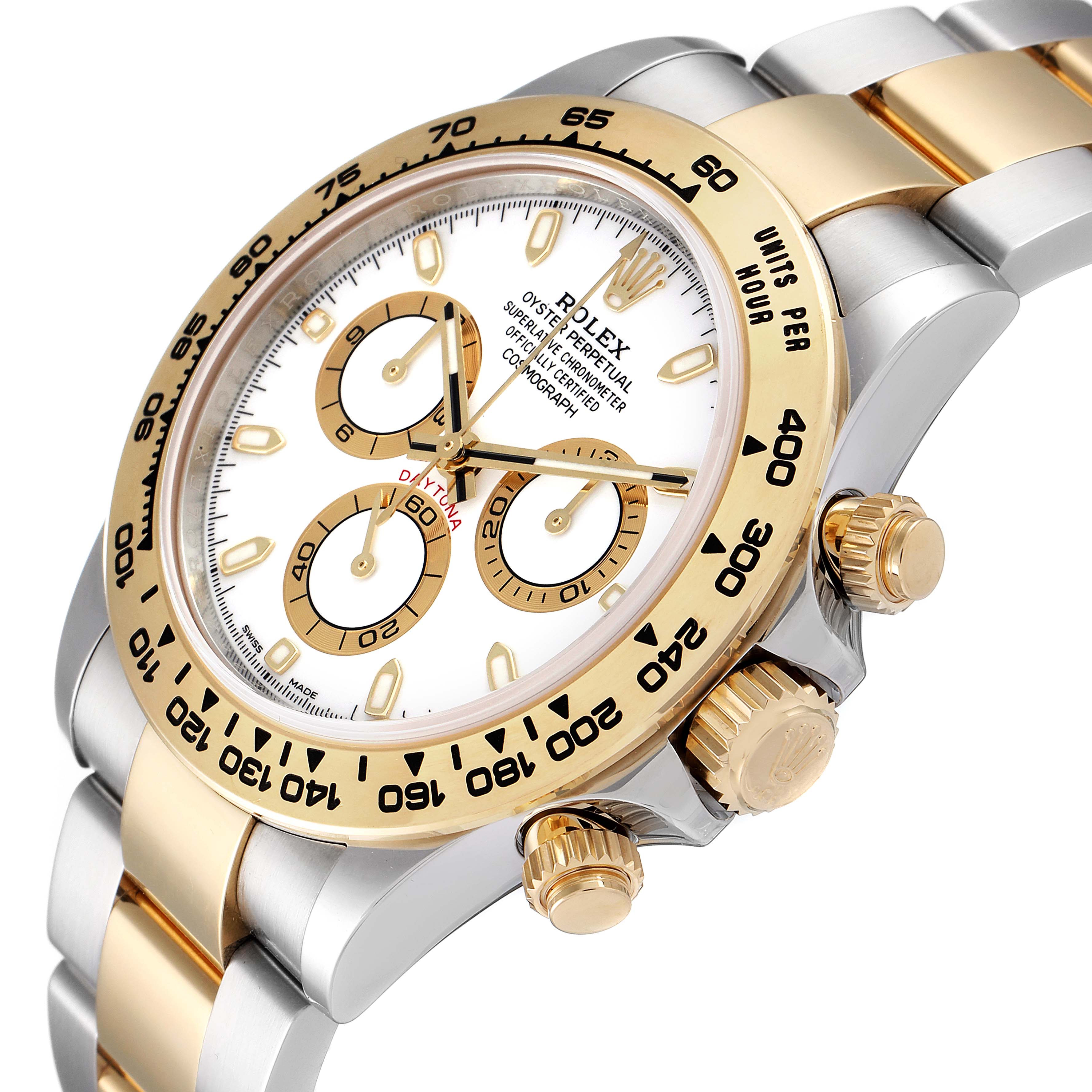 This image shows a Rolex Daytona 116503 Men
s Steel and Gold (two tone) White Dial 116503 Men
s Steel and Gold (two tone) White Dial watch at an angle highlighting the dial, bezel, and partially the bracelet.