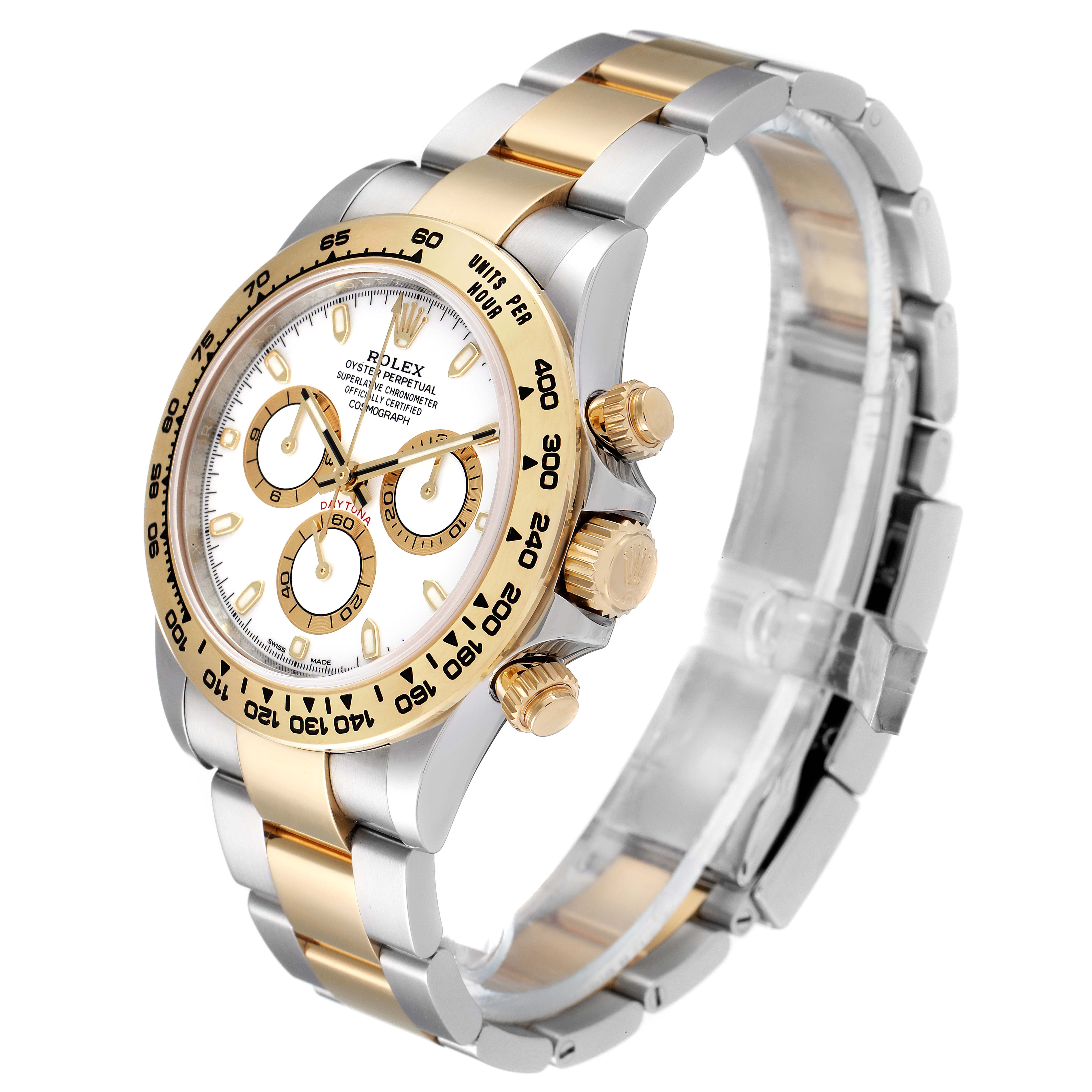 This image shows a side-angle view of a Rolex Daytona 116503 Men
s Steel and Gold (two tone) White Dial 116503 Men
s Steel and Gold (two tone) White Dial watch, highlighting its gold and silver bracelet, bezel, and chronograph dials.