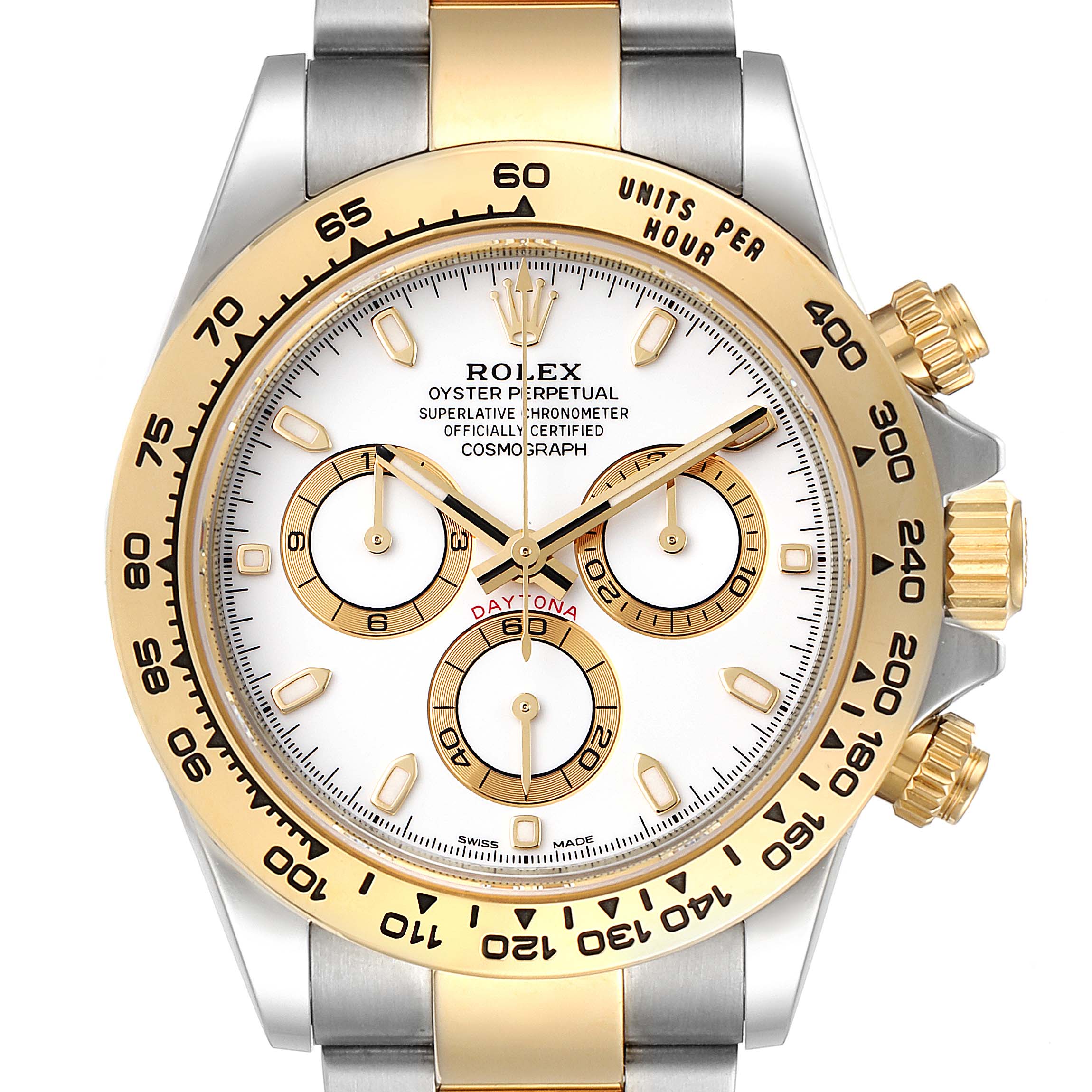 A front view of the Rolex Daytona 116503 Men
s Steel and Gold (two tone) White Dial 116503 Men
s Steel and Gold (two tone) White Dial watch features a gold bezel, white dial, and three sub-dials.