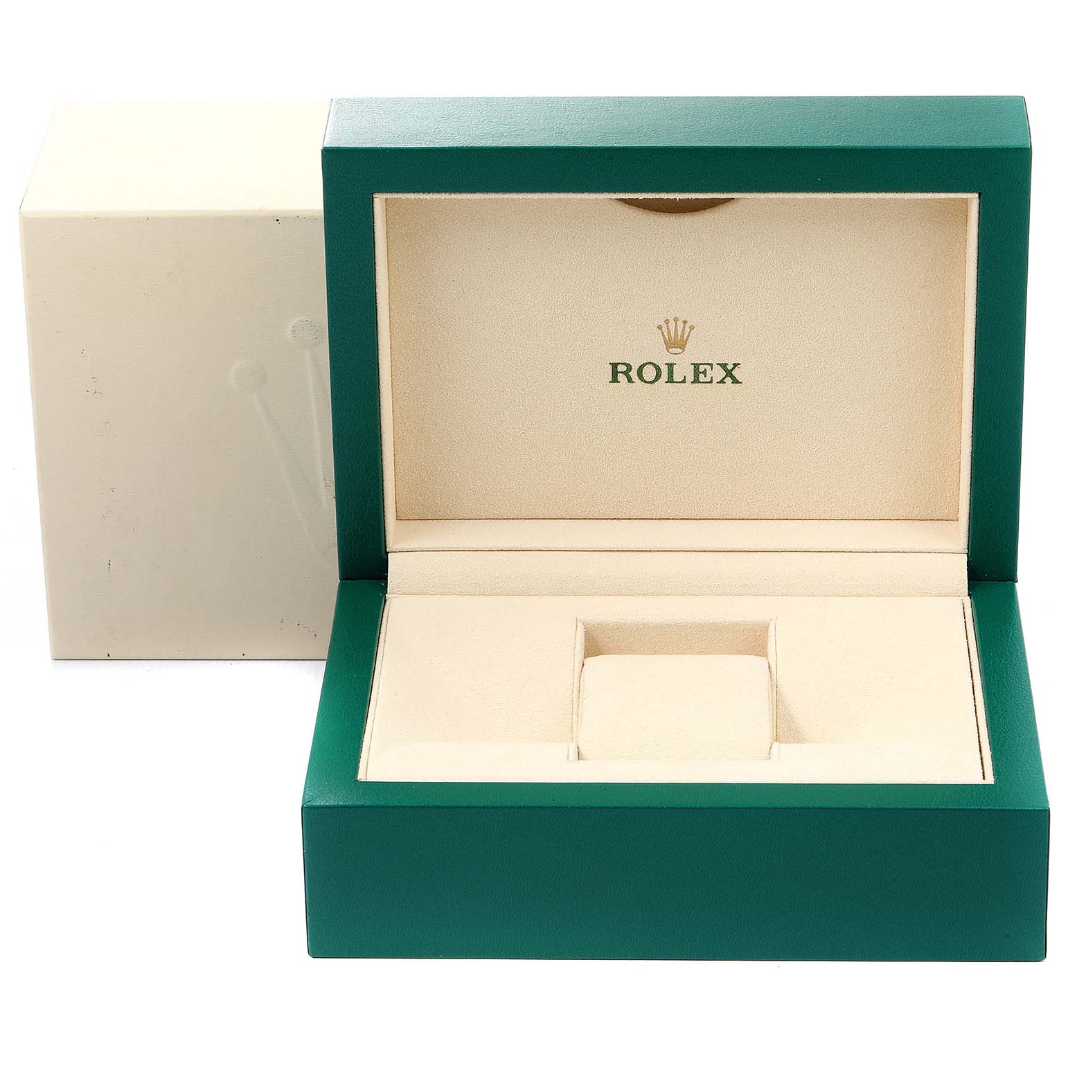 This image shows an open Rolex Daytona 116503 Men
s Steel and Gold (two tone) White Dial 116503 Men
s Steel and Gold (two tone) White Dial watch box, showcasing its interior without the watch.