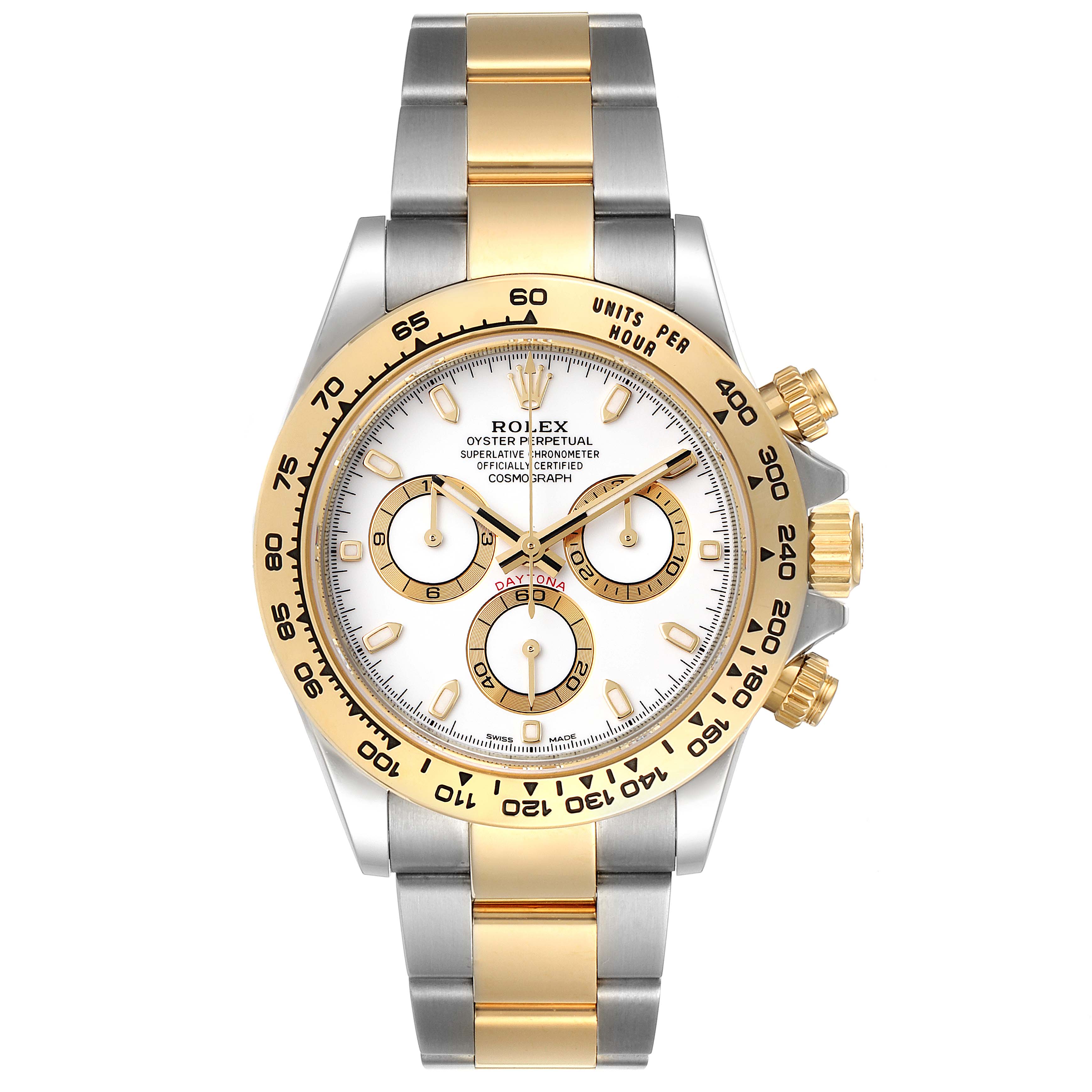 This image shows a front view of a Rolex Daytona 116503 Men
s Steel and Gold (two tone) White Dial 116503 Men
s Steel and Gold (two tone) White Dial watch, highlighting its two-tone metal band and chronograph dial.