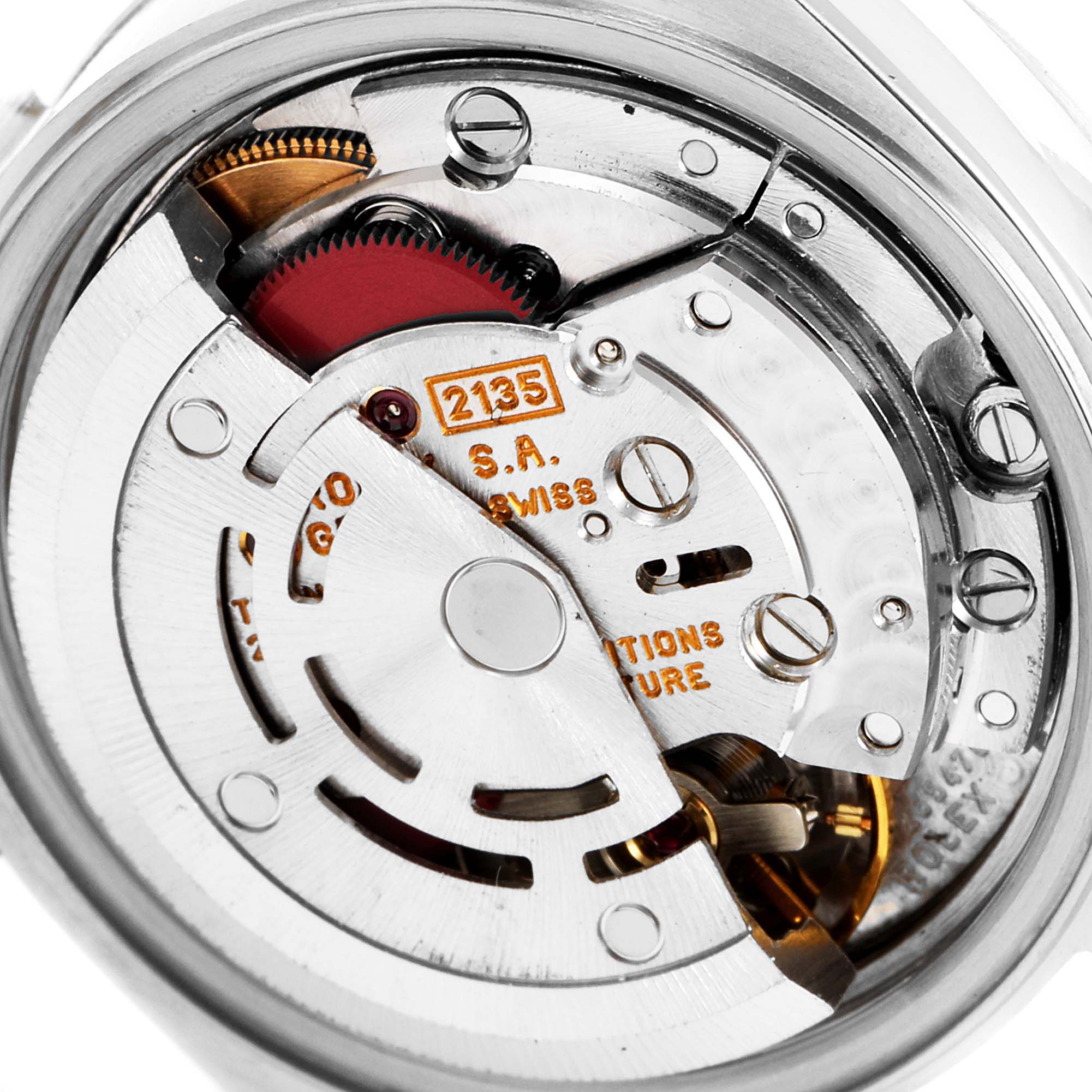 The image shows the internal movement mechanism of a Rolex Date 69240 Women's Stainless Steel Black Dial 69240 Women's Stainless Steel Black Dial model watch from a close-up, top-down angle.