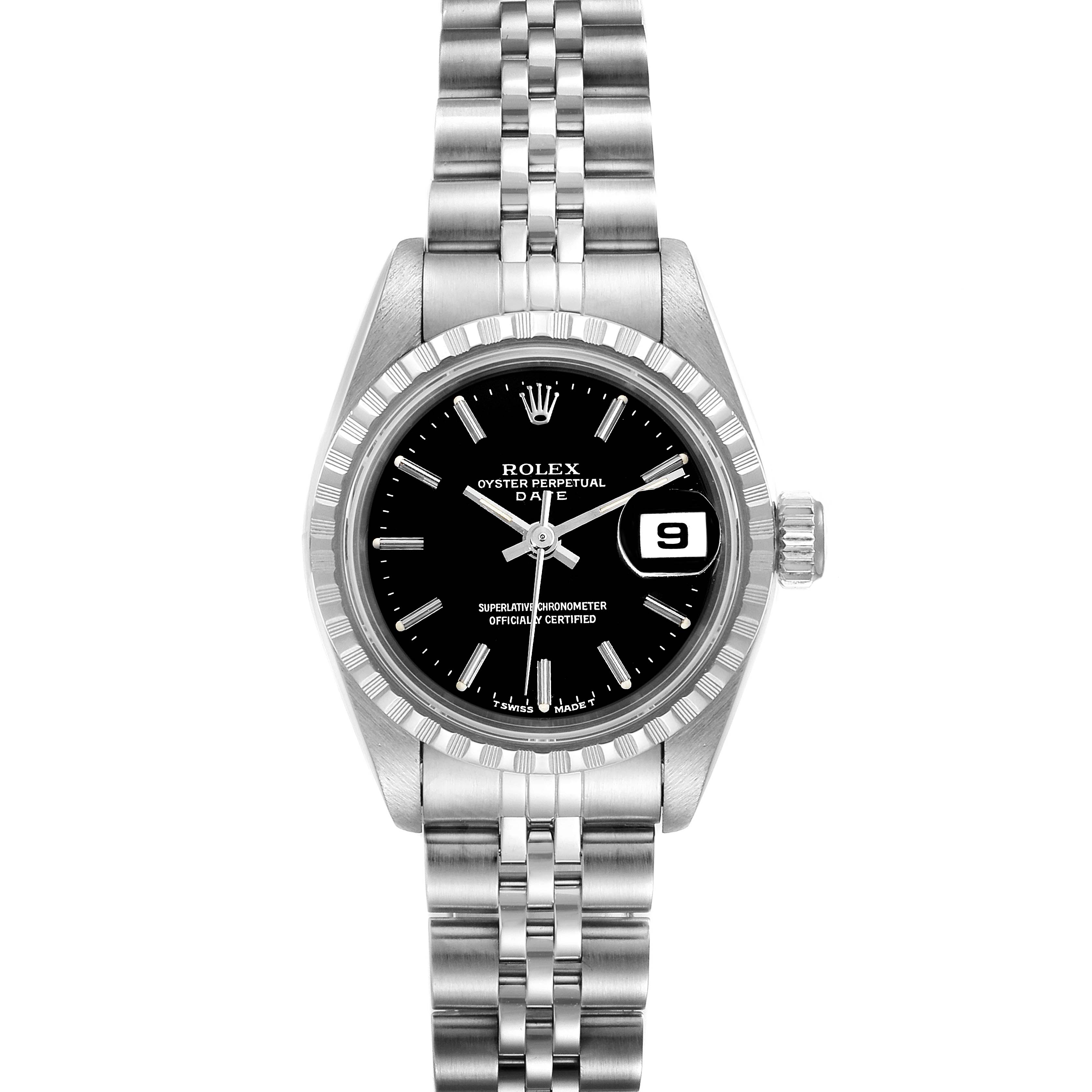 This image shows the front view of a Rolex Oyster Perpetual Date watch, displaying the dial, bezel, and bracelet.