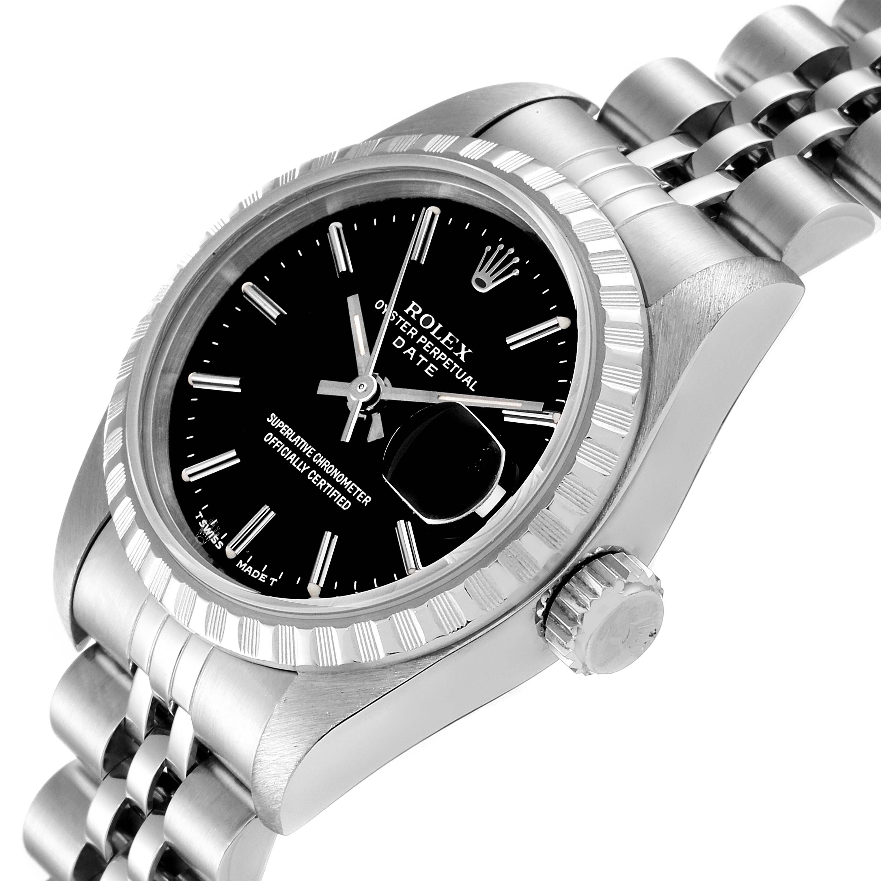 The image shows a Rolex Date 69240 Women's Stainless Steel Black Dial 69240 Women's Stainless Steel Black Dial model watch at a slightly tilted angle, highlighting the dial, bezel, crown, and part of the bracelet.