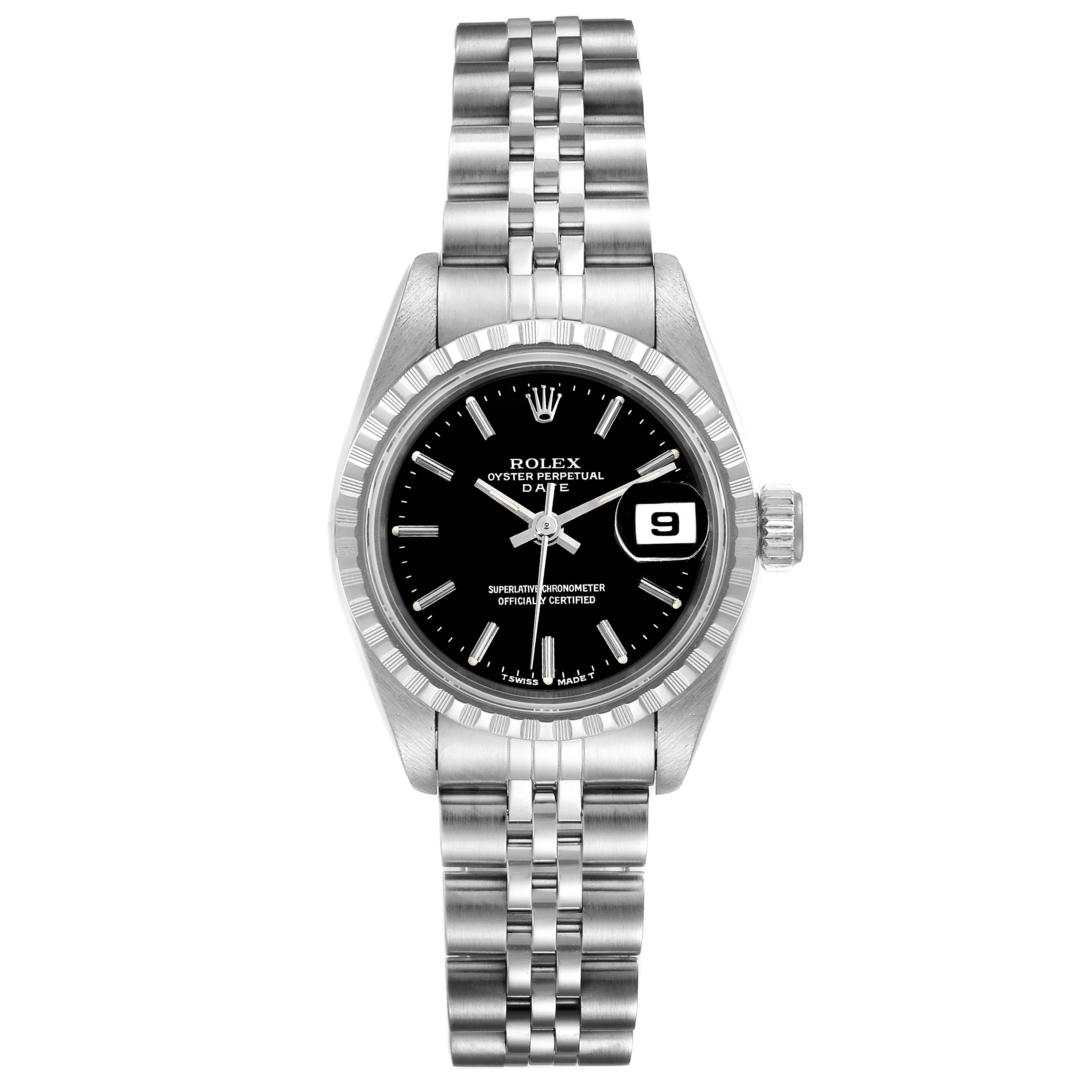 The image shows a Rolex Date 69240 Women's Stainless Steel Black Dial 69240 Women's Stainless Steel Black Dial model watch from a top-down angle, highlighting its black dial, bezel, bracelet, and date window at 3 o'clock.