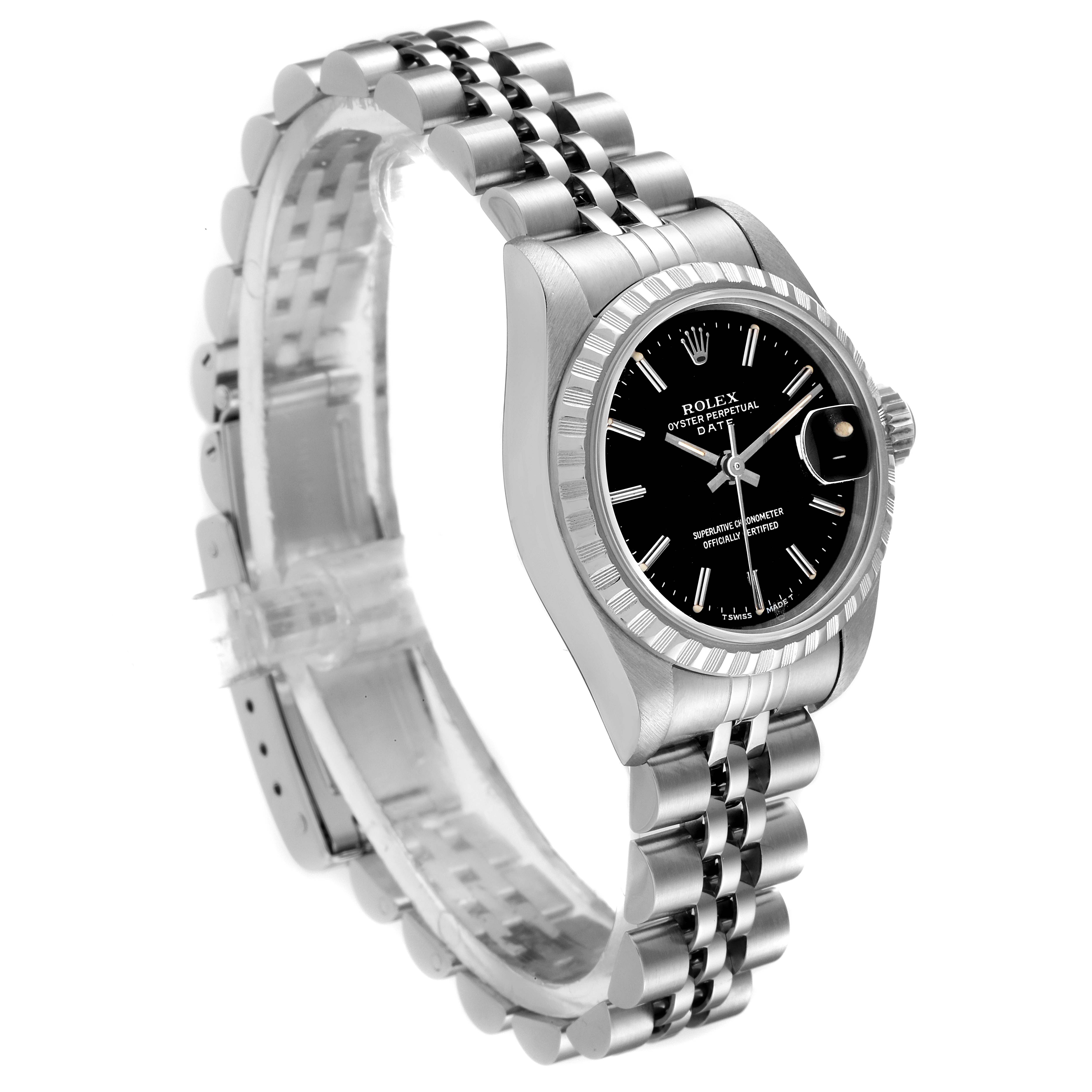 The Rolex Date 69240 Women's Stainless Steel Black Dial 69240 Women's Stainless Steel Black Dial model watch is shown at an angled view highlighting the face, bezel, and bracelet.