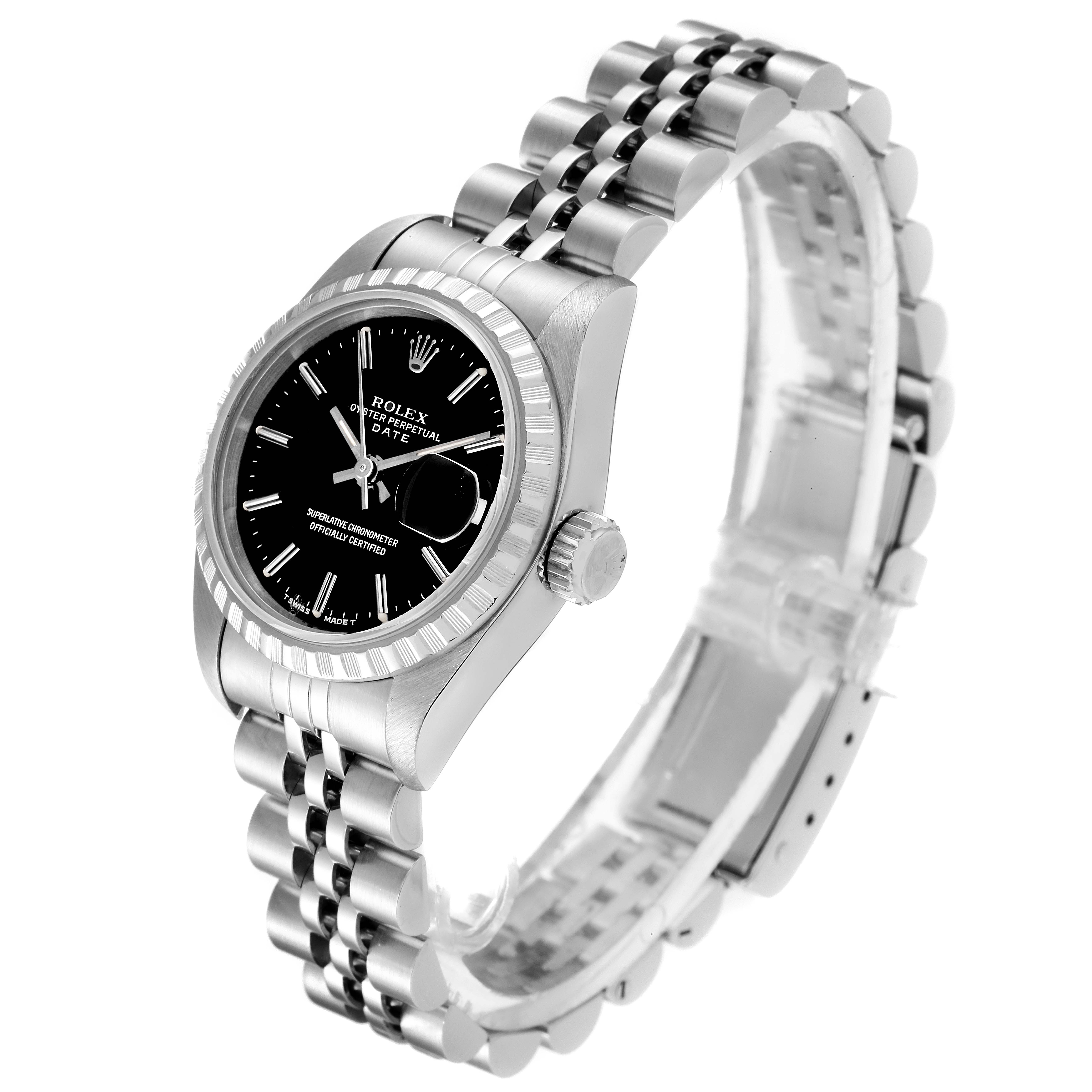 The image shows a Rolex Date 69240 Women's Stainless Steel Black Dial 69240 Women's Stainless Steel Black Dial model watch from an angled side view, highlighting the dial, bezel, crown, and bracelet.