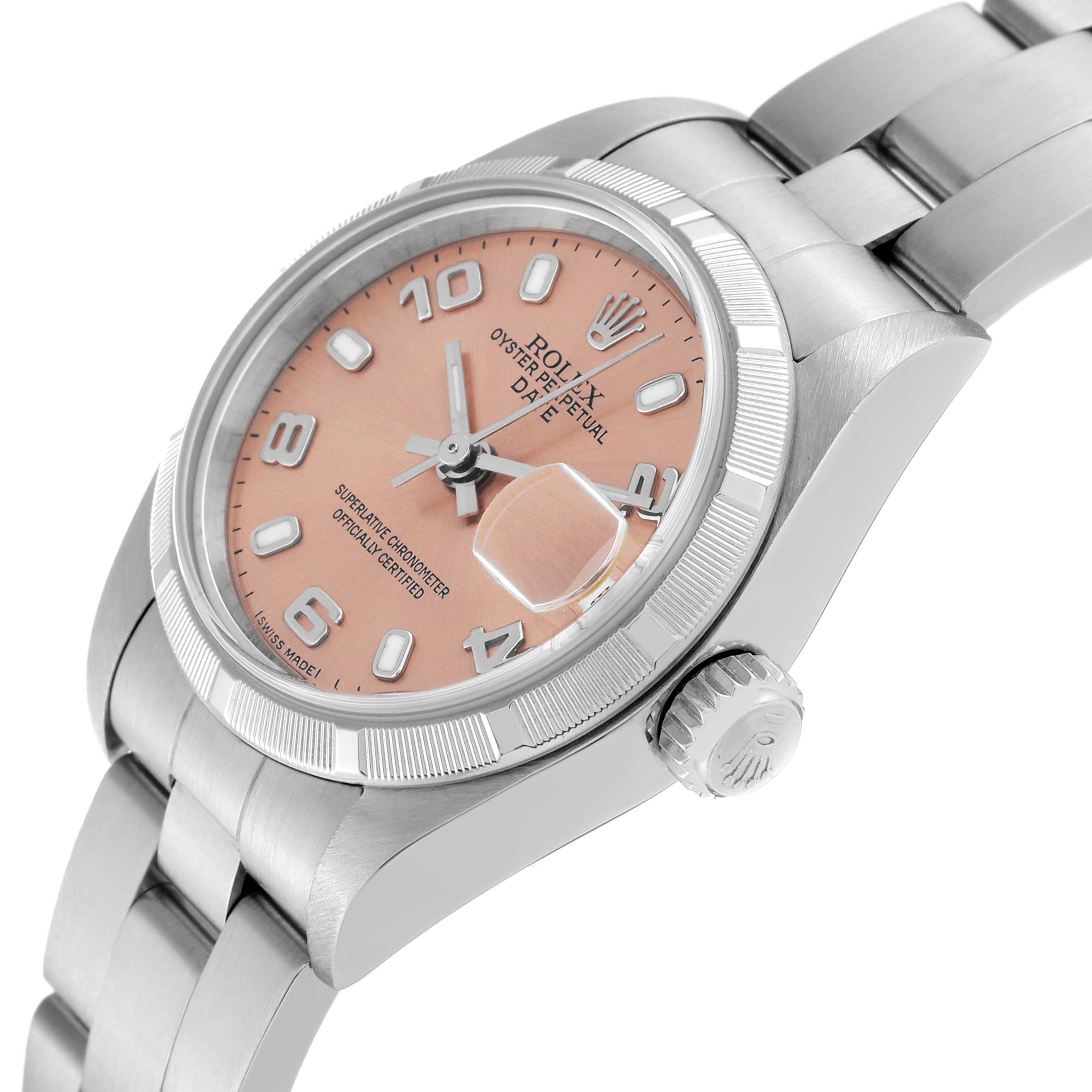The image shows a Rolex Date 79190 Women's Stainless Steel Pink Dial 79190 Women's Stainless Steel Pink Dial model at an angled side view highlighting the dial, bezel, crown, and part of the bracelet.