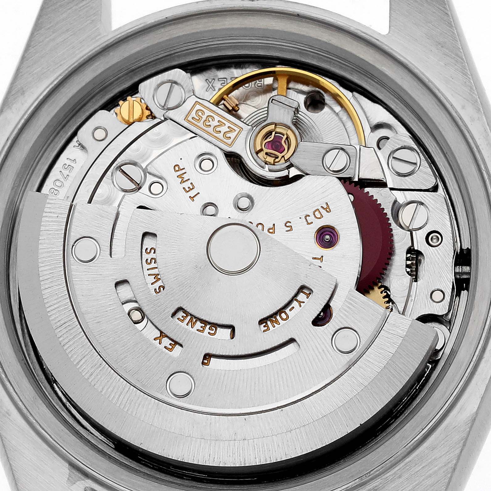 This image shows the inner mechanism and movement components of a Rolex Date 79190 Women's Stainless Steel Pink Dial 79190 Women's Stainless Steel Pink Dial model watch from a top-down angle.