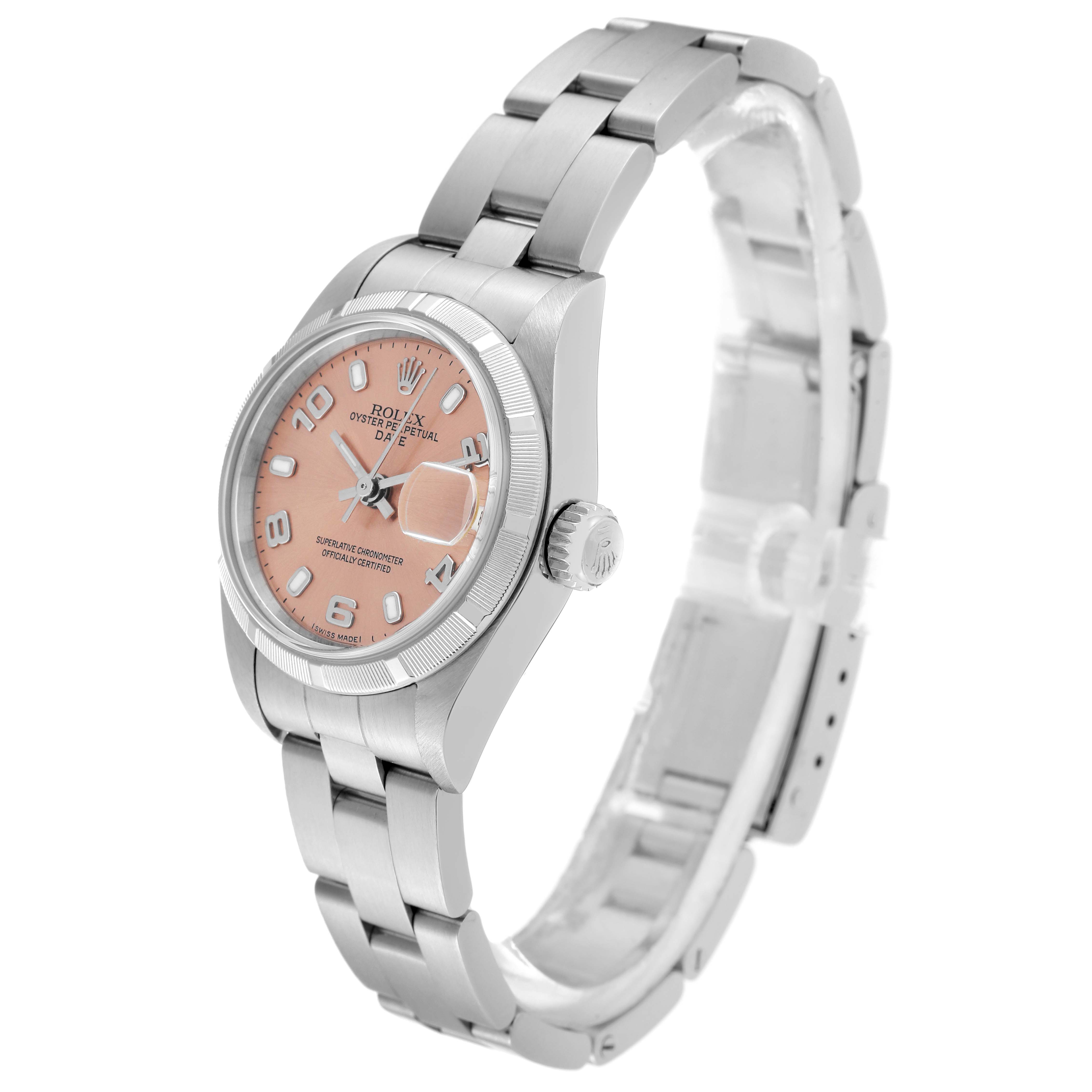 The image shows a Rolex Date 79190 Women's Stainless Steel Pink Dial 79190 Women's Stainless Steel Pink Dial model watch at a front-left angle, highlighting its face, bezel, crown, and bracelet.