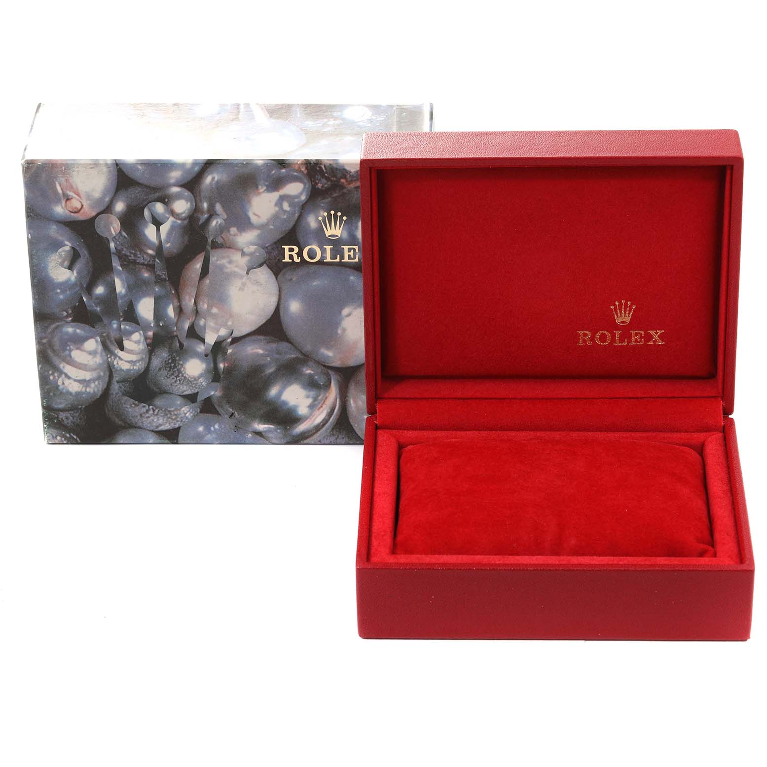 The image shows an open red Rolex watch box for a Date model, with the outer box in the background.