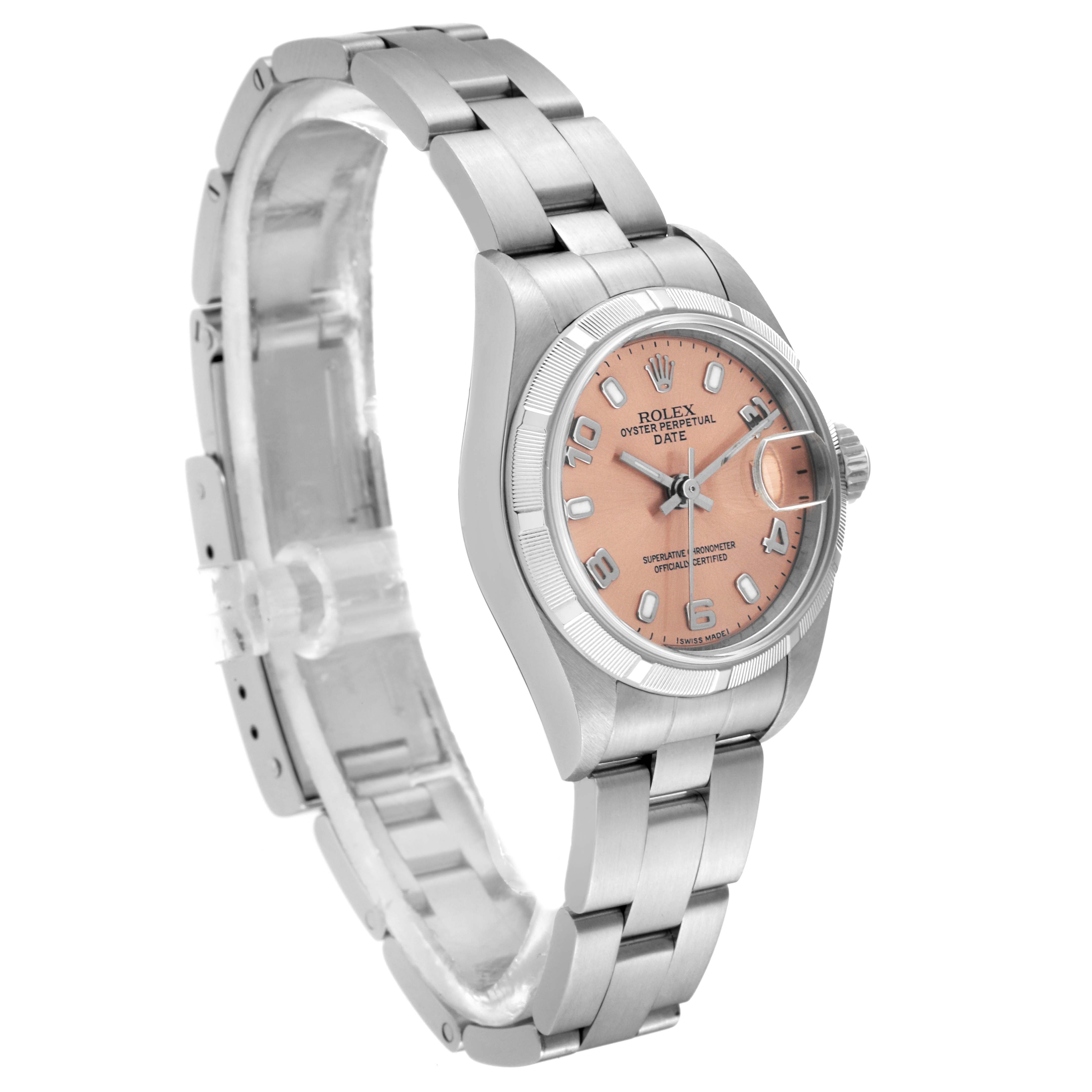 This image shows a side angle of a Rolex Date 79190 Women's Stainless Steel Pink Dial 79190 Women's Stainless Steel Pink Dial model watch, highlighting its bracelet, case, and dial.