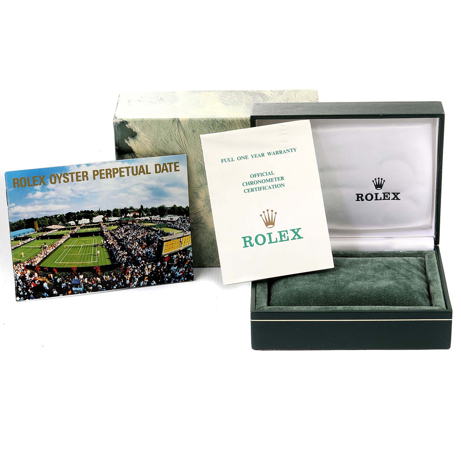 The image shows the packaging, warranty card, chronometer certification, and brochures for the Rolex Date 15223 Men's Steel and Gold (two tone) Silver Dial 15223 Men's Steel and Gold (two tone) Silver Dial model watch.