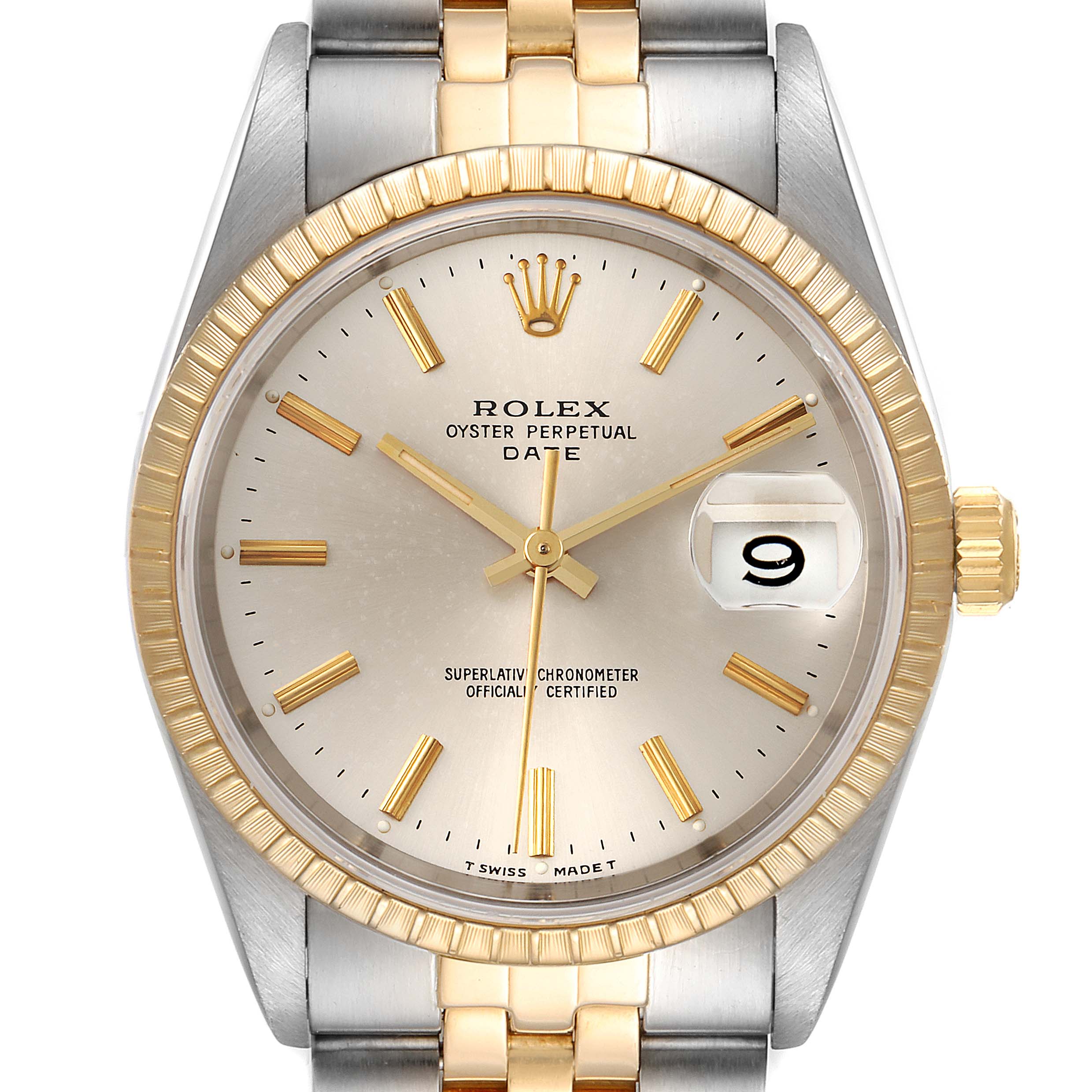 This is a close-up frontal view of the Rolex Date 15223 Men's Steel and Gold (two tone) Silver Dial 15223 Men's Steel and Gold (two tone) Silver Dial model watch, showcasing the dial, bezel, crown, and part of the bracelet.