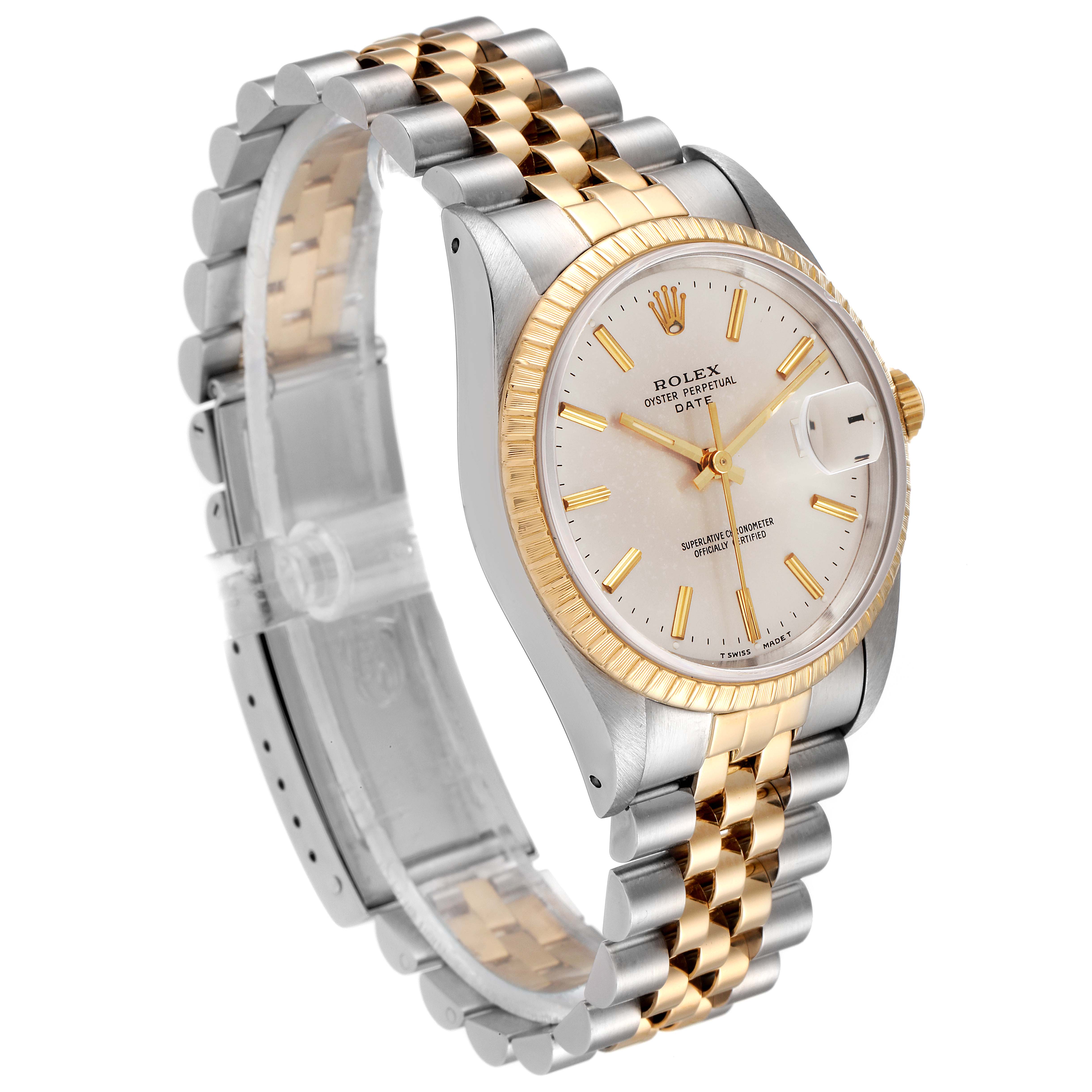 This image shows a side angle of a Rolex Date 15223 Men's Steel and Gold (two tone) Silver Dial 15223 Men's Steel and Gold (two tone) Silver Dial model watch, highlighting its two-tone bracelet, case, and dial.