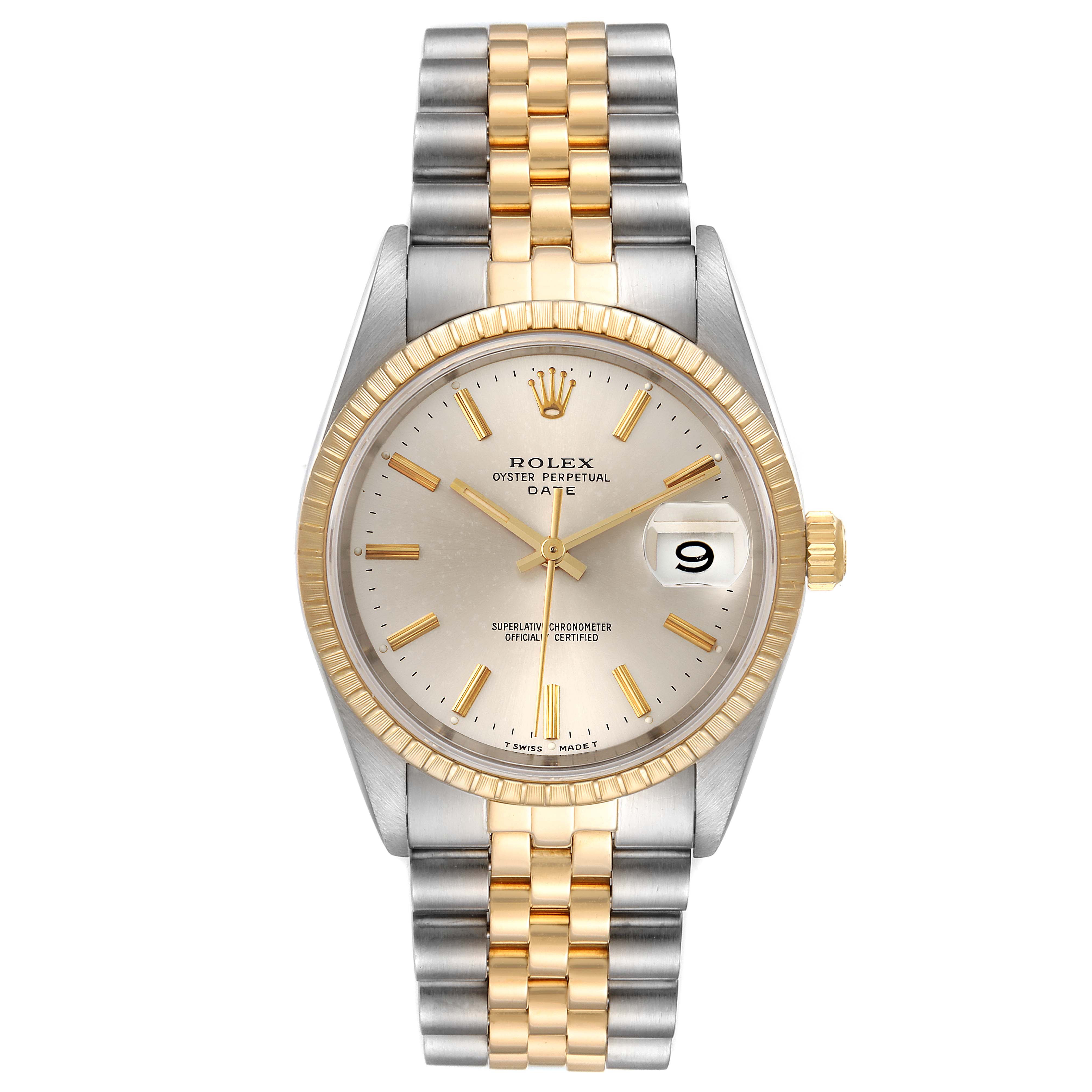 The image shows a front view of a Rolex Date 15223 Men's Steel and Gold (two tone) Silver Dial 15223 Men's Steel and Gold (two tone) Silver Dial model watch, displaying the face, bezel, and the two-tone bracelet.