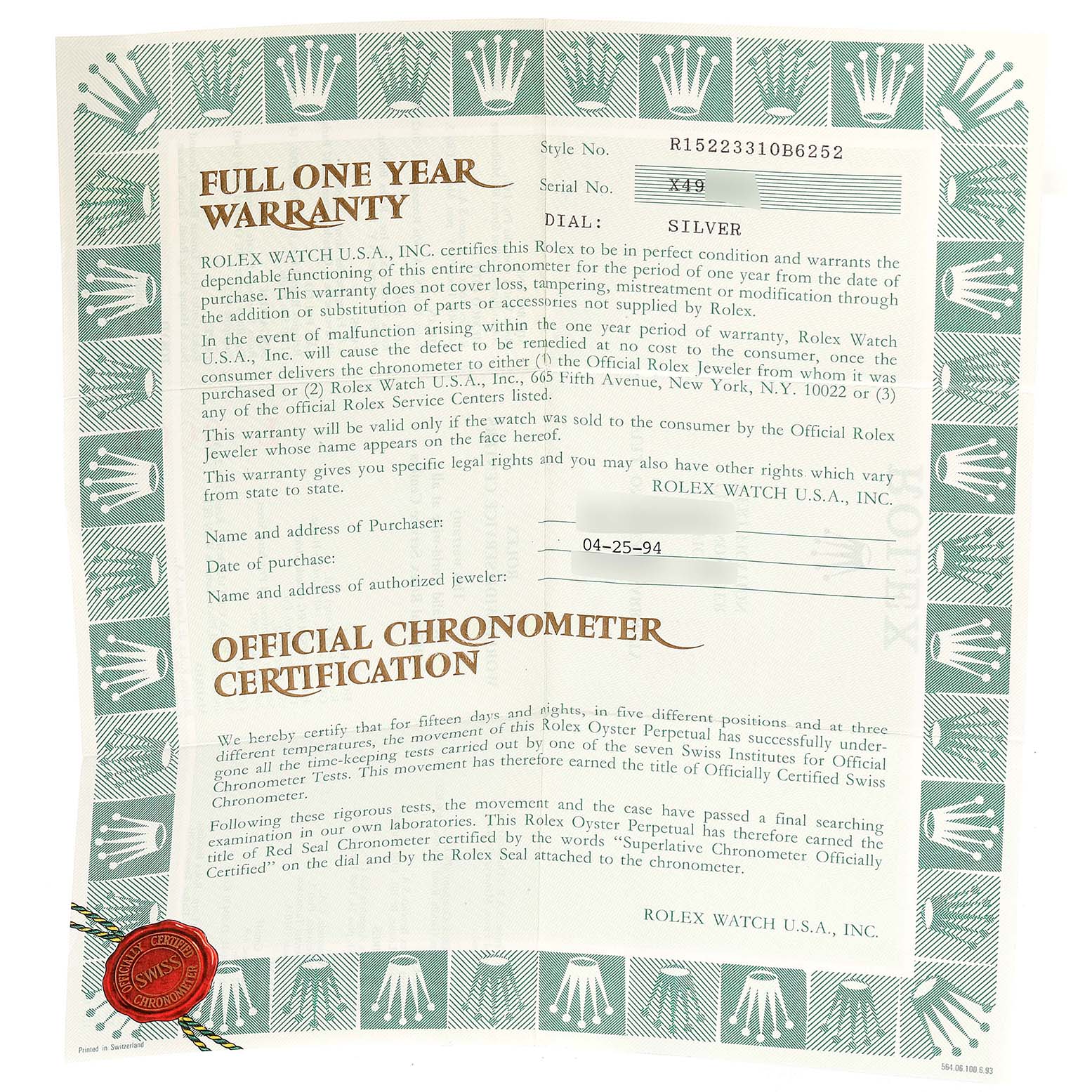 The image shows the official chronometer certification and warranty card for a Rolex Date 15223 Men's Steel and Gold (two tone) Silver Dial 15223 Men's Steel and Gold (two tone) Silver Dial model watch.