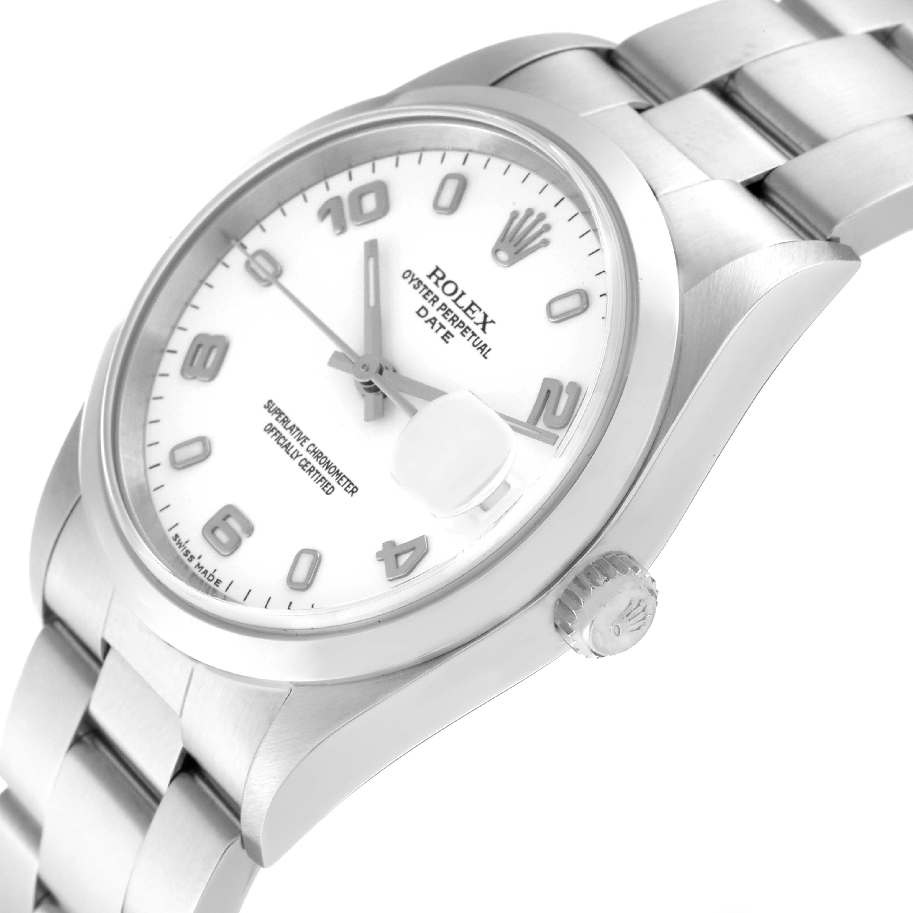 The image shows a Rolex Oyster Perpetual Date watch at an angled close-up, highlighting the dial, crown, and part of the bracelet.