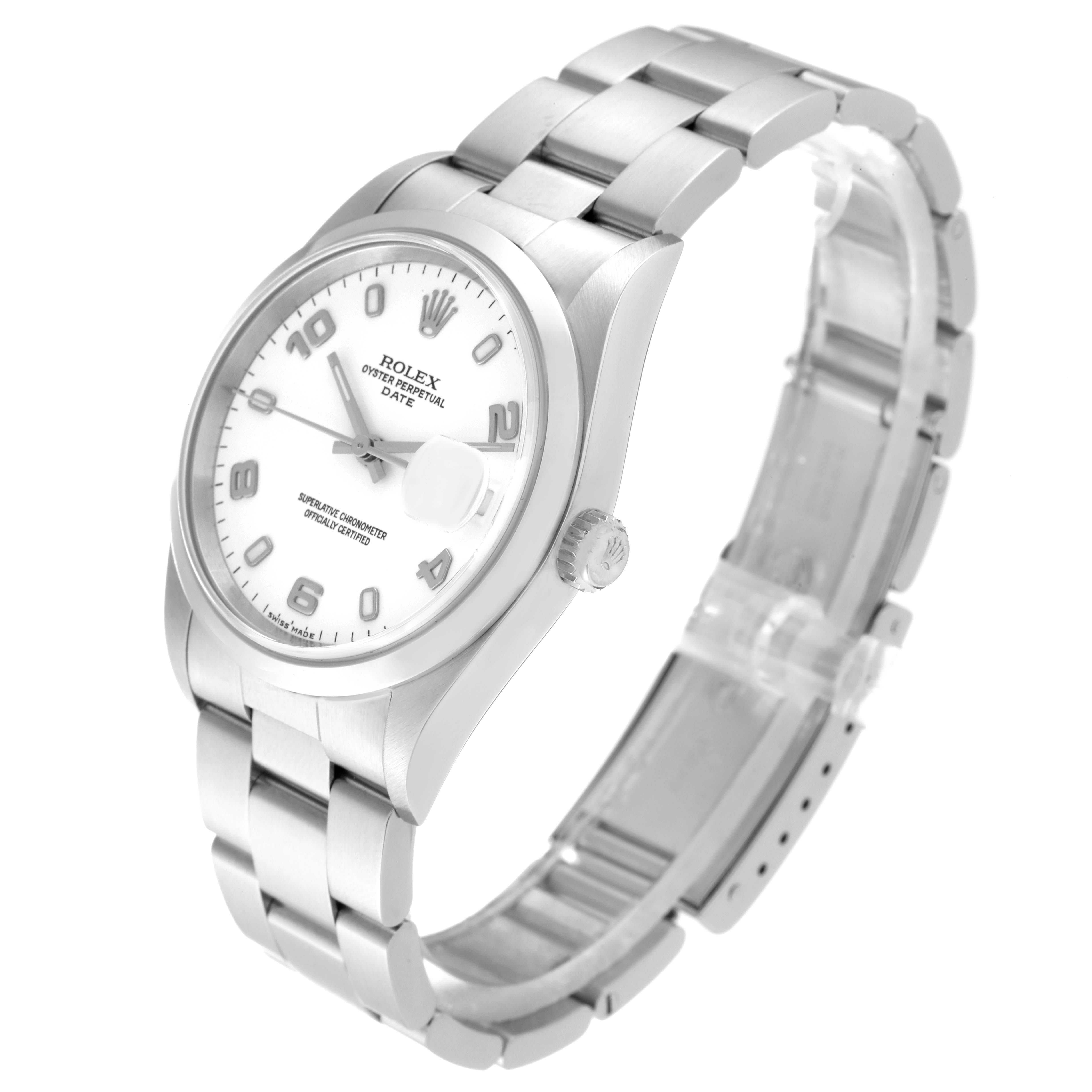 The Rolex Date 15200 Men's Stainless Steel White Dial 15200 Men's Stainless Steel White Dial watch is shown at a slight angle, displaying its dial, crown, and bracelet.