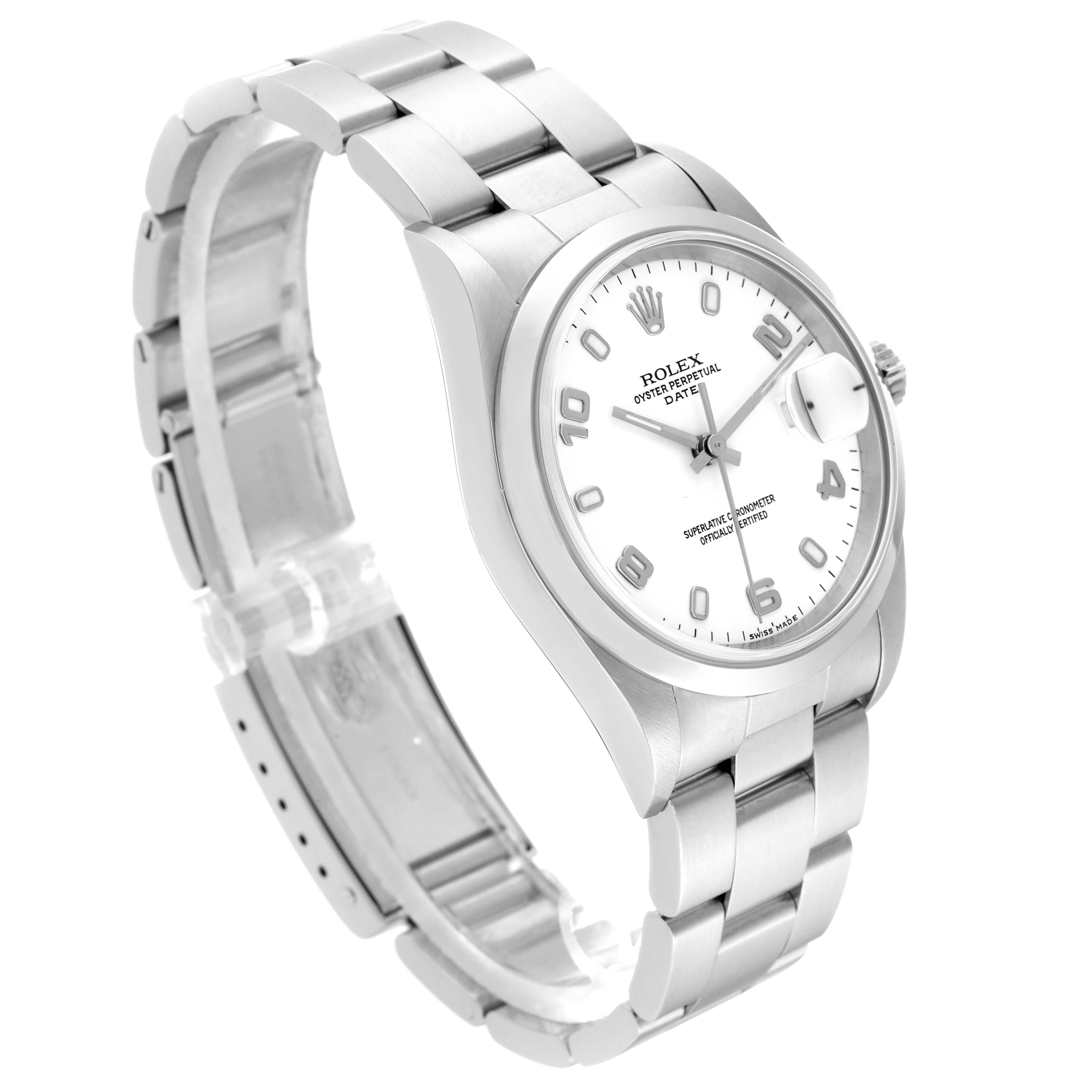 The image shows a side angle of the Rolex Date 15200 Men's Stainless Steel White Dial 15200 Men's Stainless Steel White Dial model, displaying the watch face, case, and metal bracelet.