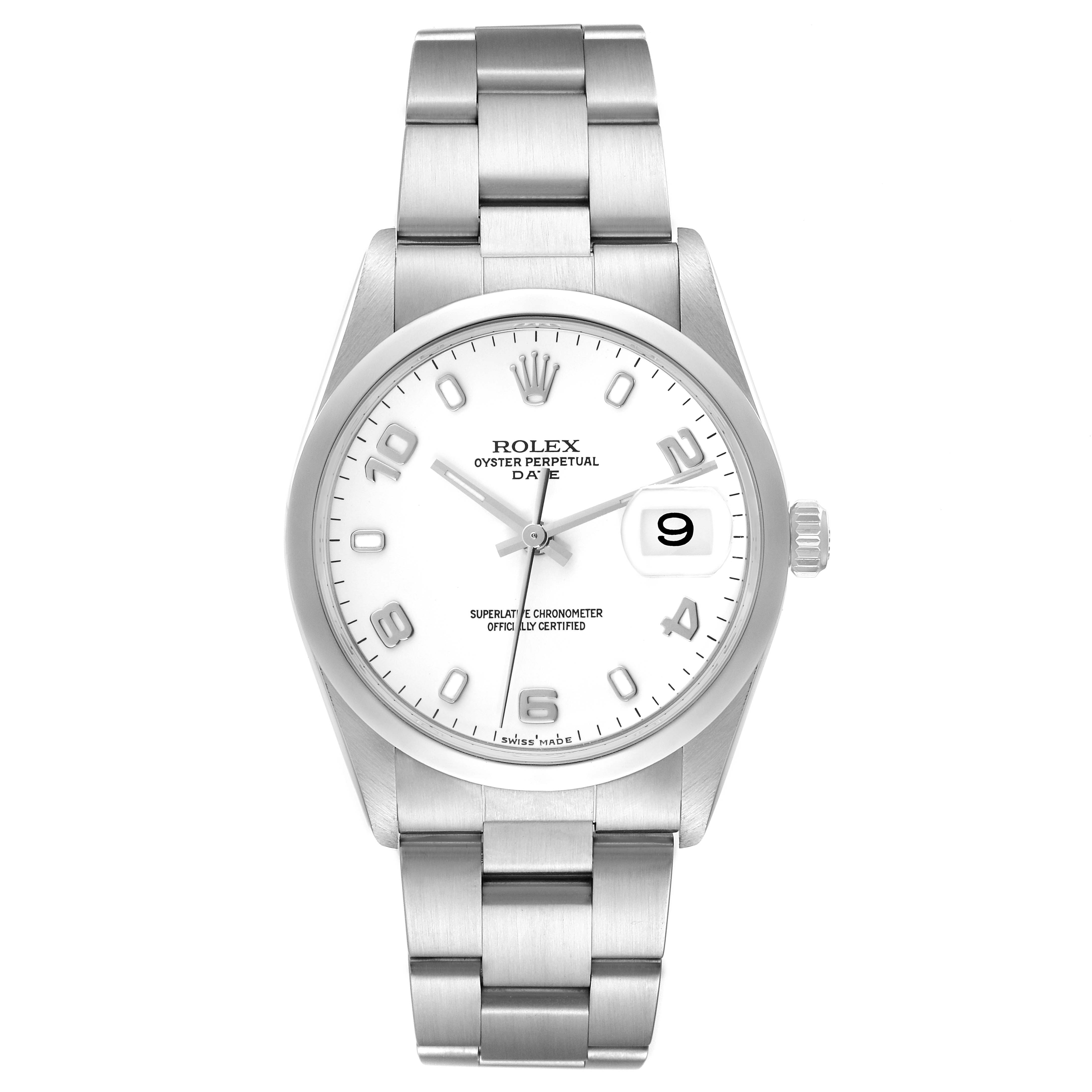 The image shows a front view of a Rolex Date 15200 Men's Stainless Steel White Dial 15200 Men's Stainless Steel White Dial model watch, displaying the dial, case, and stainless steel bracelet.
