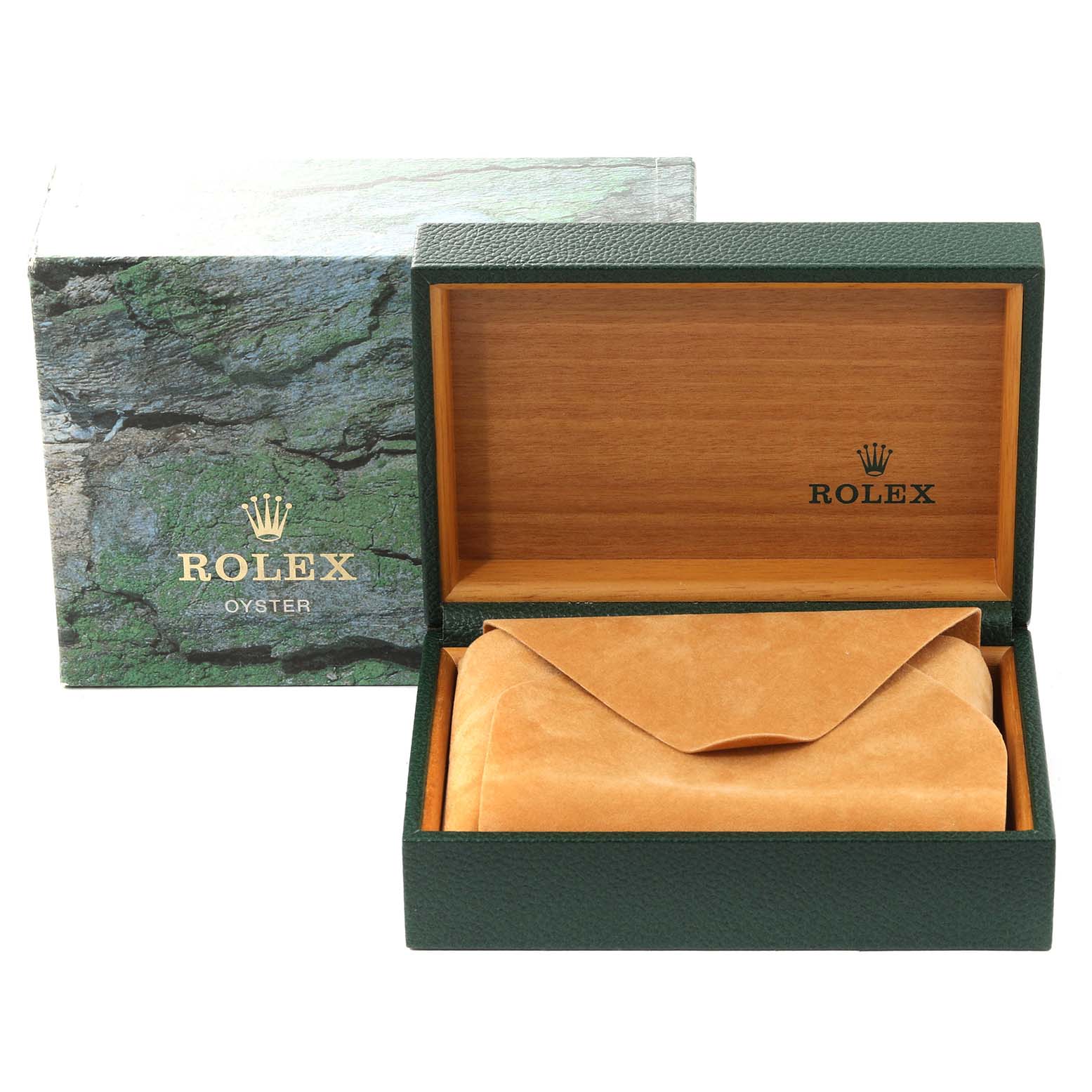 The image shows a Rolex Date 15200 Men's Stainless Steel White Dial 15200 Men's Stainless Steel White Dial model watch box and suede envelope, viewed from the front with the box open.