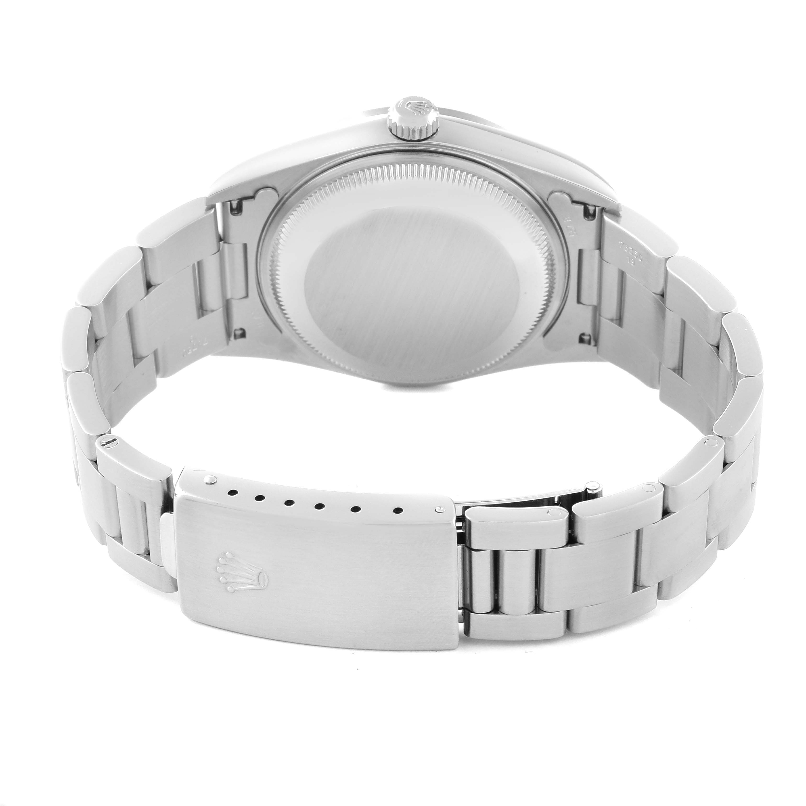 This image shows the back view of a Rolex Date 15200 Men's Stainless Steel White Dial 15200 Men's Stainless Steel White Dial model watch, highlighting the case back and bracelet with the clasp visible.