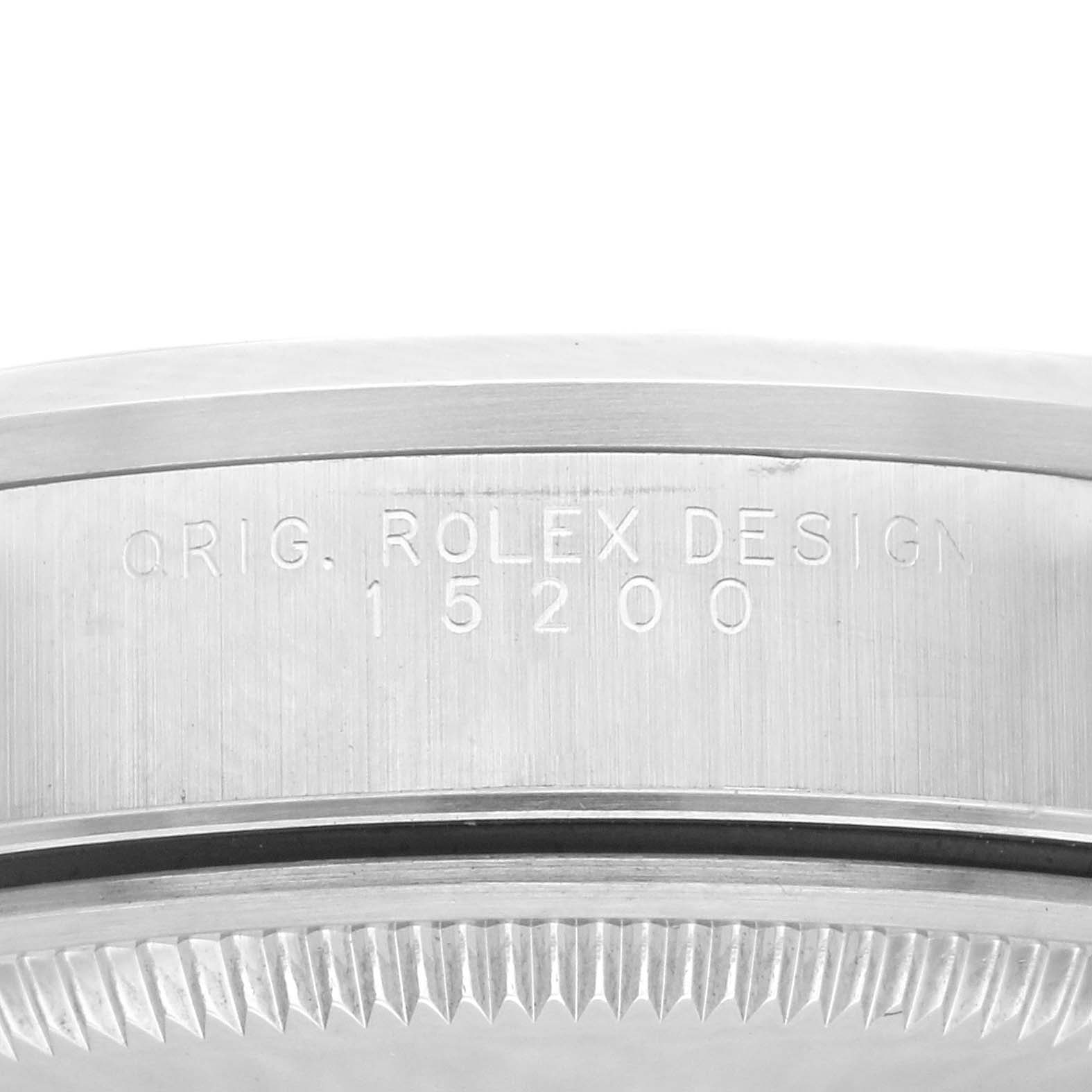 This image shows a close-up of the case side of a Rolex Date 15200 Men's Stainless Steel White Dial 15200 Men's Stainless Steel White Dial model, with its design number 15200 engraved.