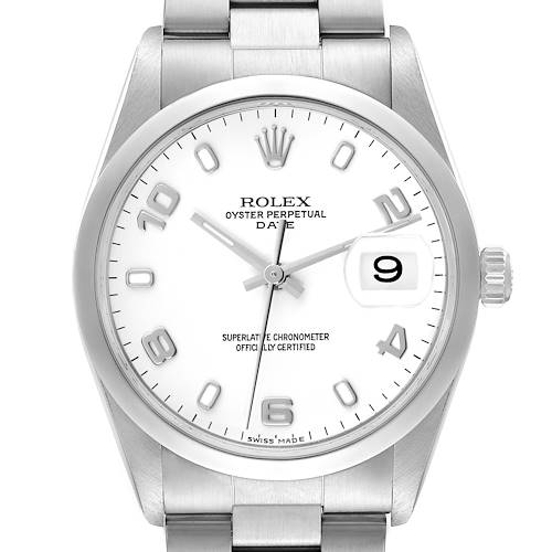 This Rolex Date watch is shown from a front angle, displaying the dial, hands, date window, and part of the bracelet.