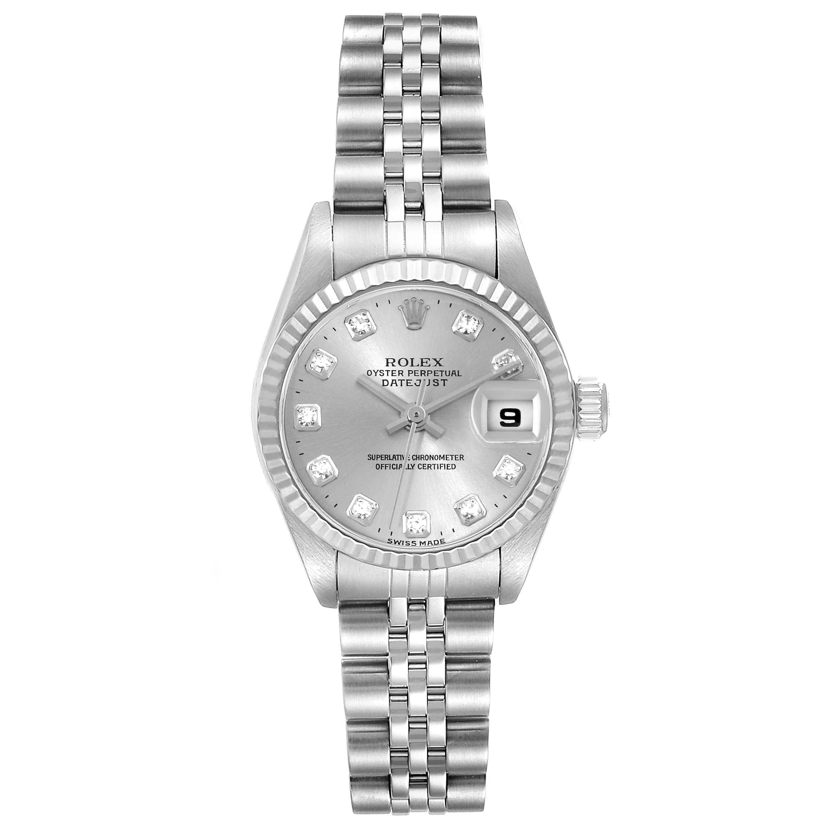 The watch is a Rolex Datejust 79174 Women's Stainless Steel Silver Dial 79174 Women's Stainless Steel Silver Dial model with a silver dial, date window, diamond hour markers, and jubilee bracelet, shown from a front angle.
