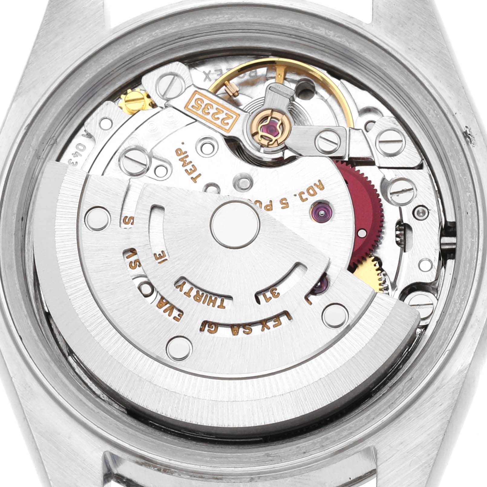 This image shows the inner mechanism and movement of a Rolex Datejust 79174 Women's Stainless Steel Silver Dial 79174 Women's Stainless Steel Silver Dial watch from a close-up, top-down angle.