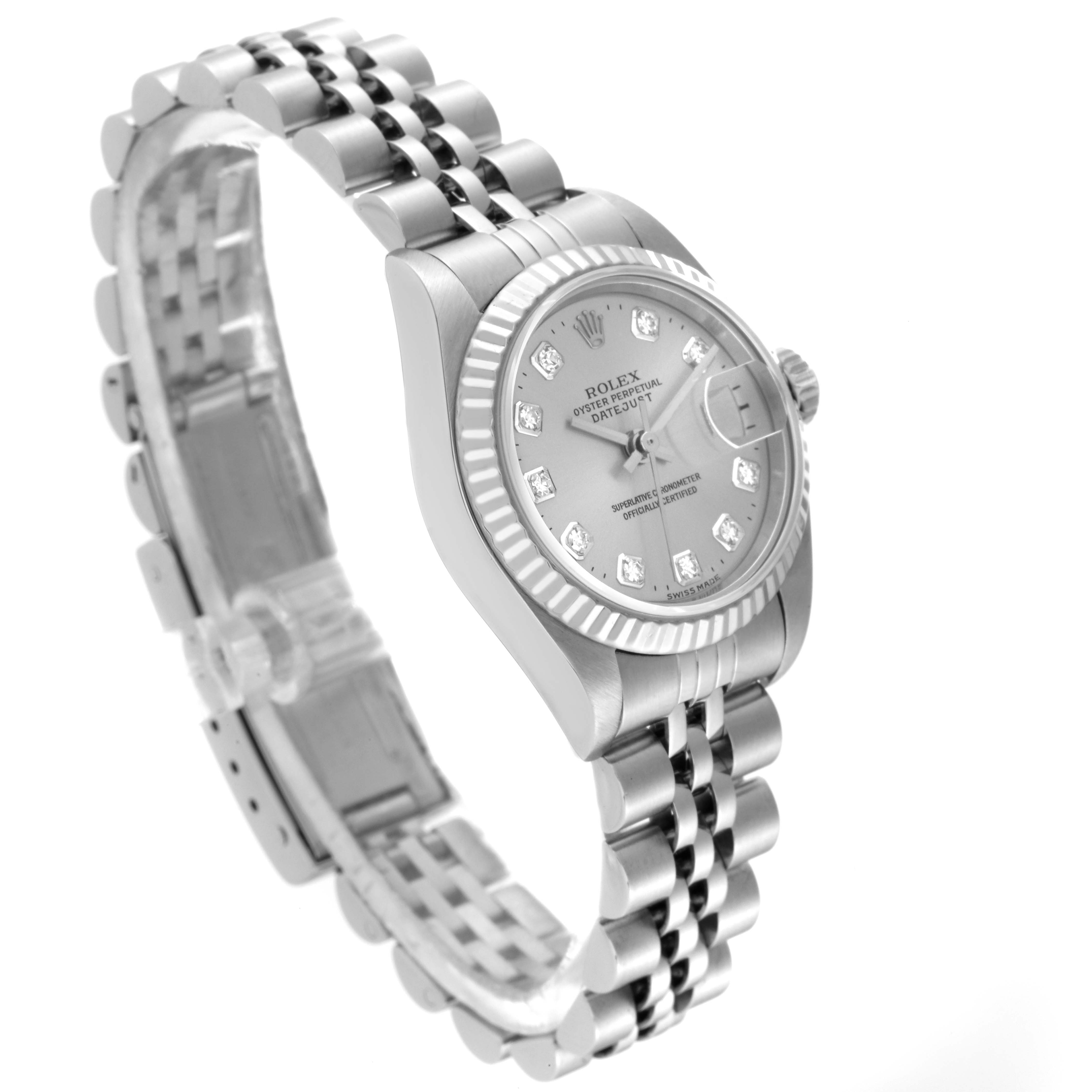 The image shows a side angle of the Rolex Datejust 79174 Women's Stainless Steel Silver Dial 79174 Women's Stainless Steel Silver Dial watch, displaying its face, case, and bracelet.