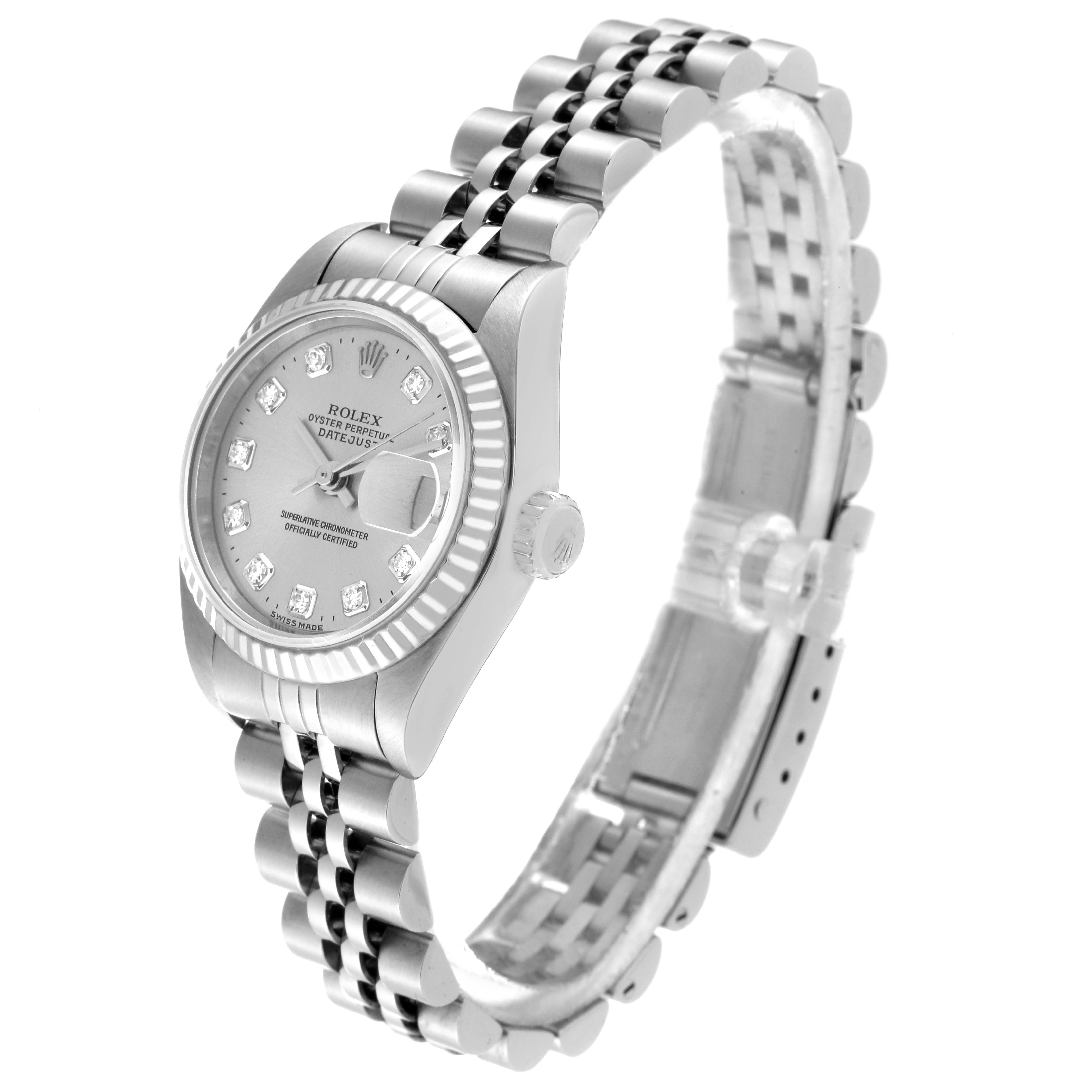 The image shows a Rolex Datejust 79174 Women's Stainless Steel Silver Dial 79174 Women's Stainless Steel Silver Dial watch at a slight angle, highlighting the dial, bezel, and bracelet.