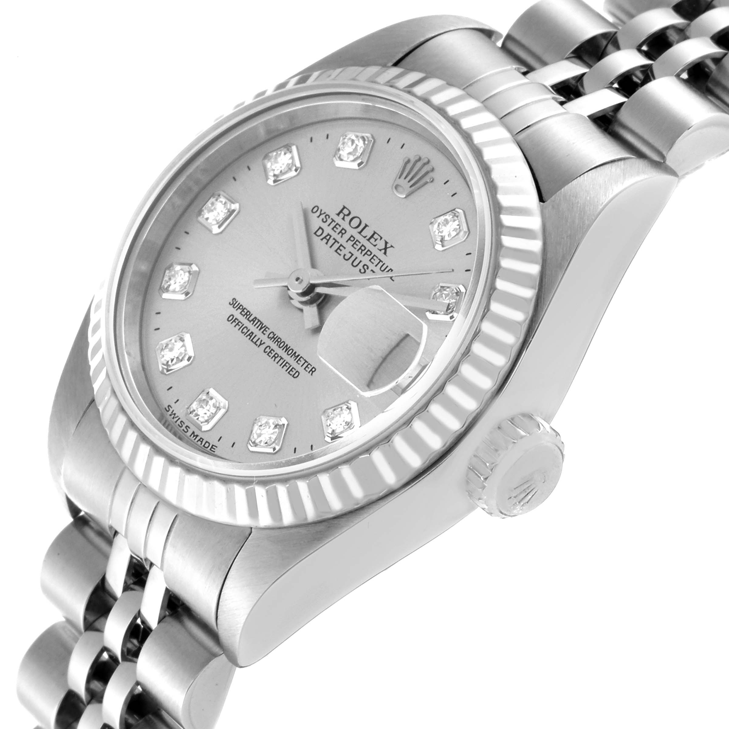 The image shows a close-up view of a Rolex Datejust 79174 Women's Stainless Steel Silver Dial 79174 Women's Stainless Steel Silver Dial watch, highlighting the dial, bezel, crown, and a portion of the bracelet.