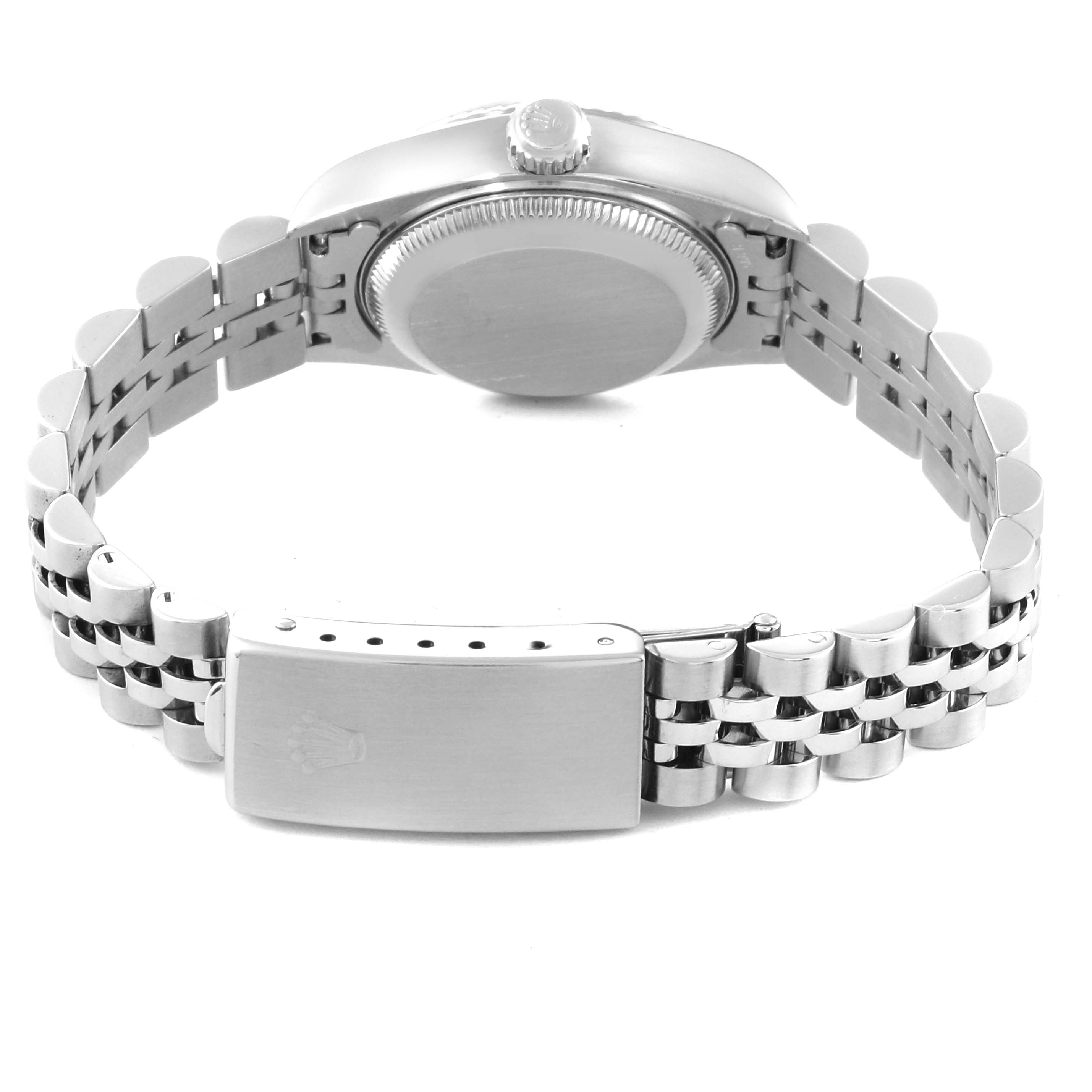 The image shows the back view of a Rolex Datejust 79174 Women's Stainless Steel Silver Dial 79174 Women's Stainless Steel Silver Dial watch, featuring its clasp, bracelet, and case back.