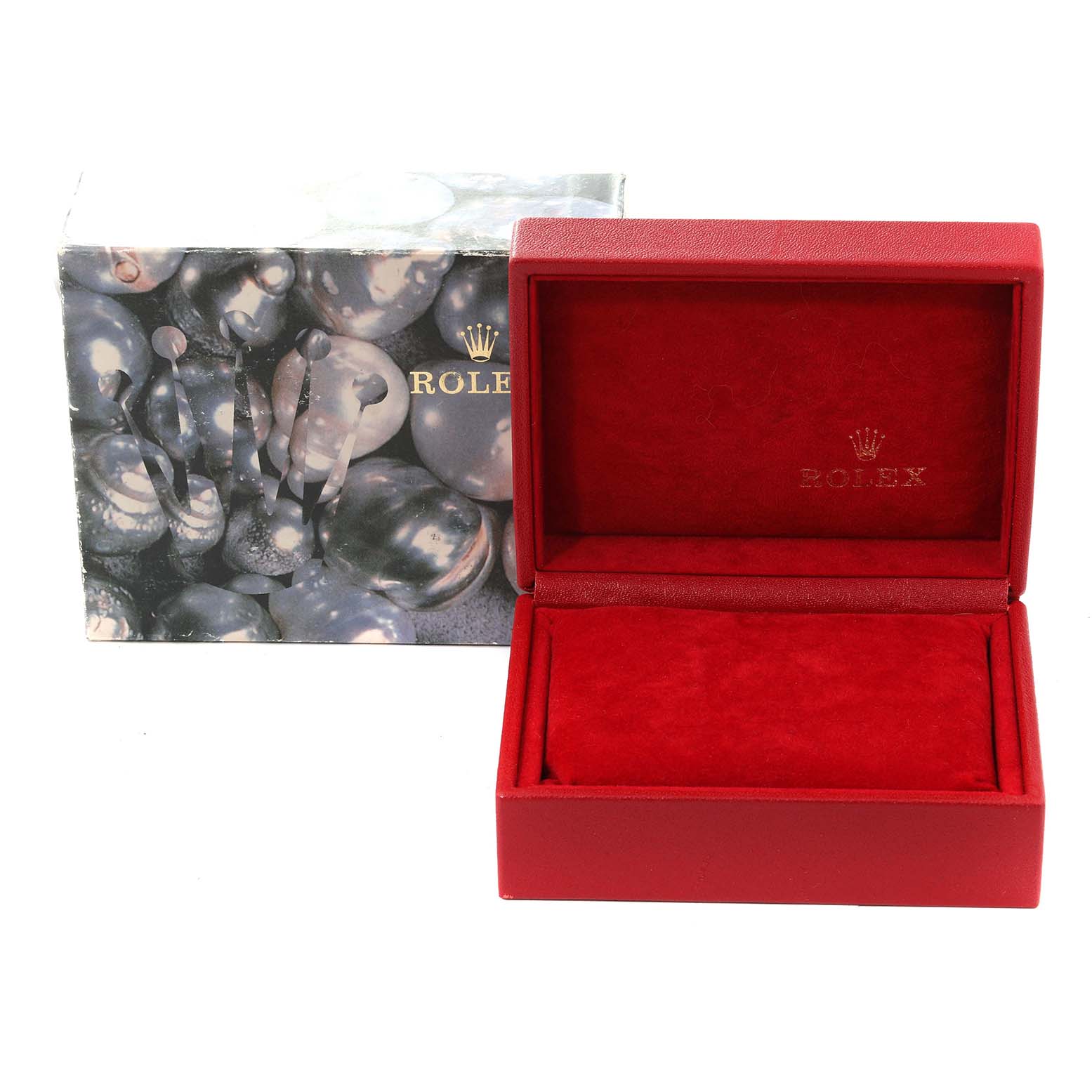 The image shows the packaging for a Rolex Datejust 79174 Women's Stainless Steel Silver Dial 79174 Women's Stainless Steel Silver Dial watch, including an open red watch box and an outer decorative box.
