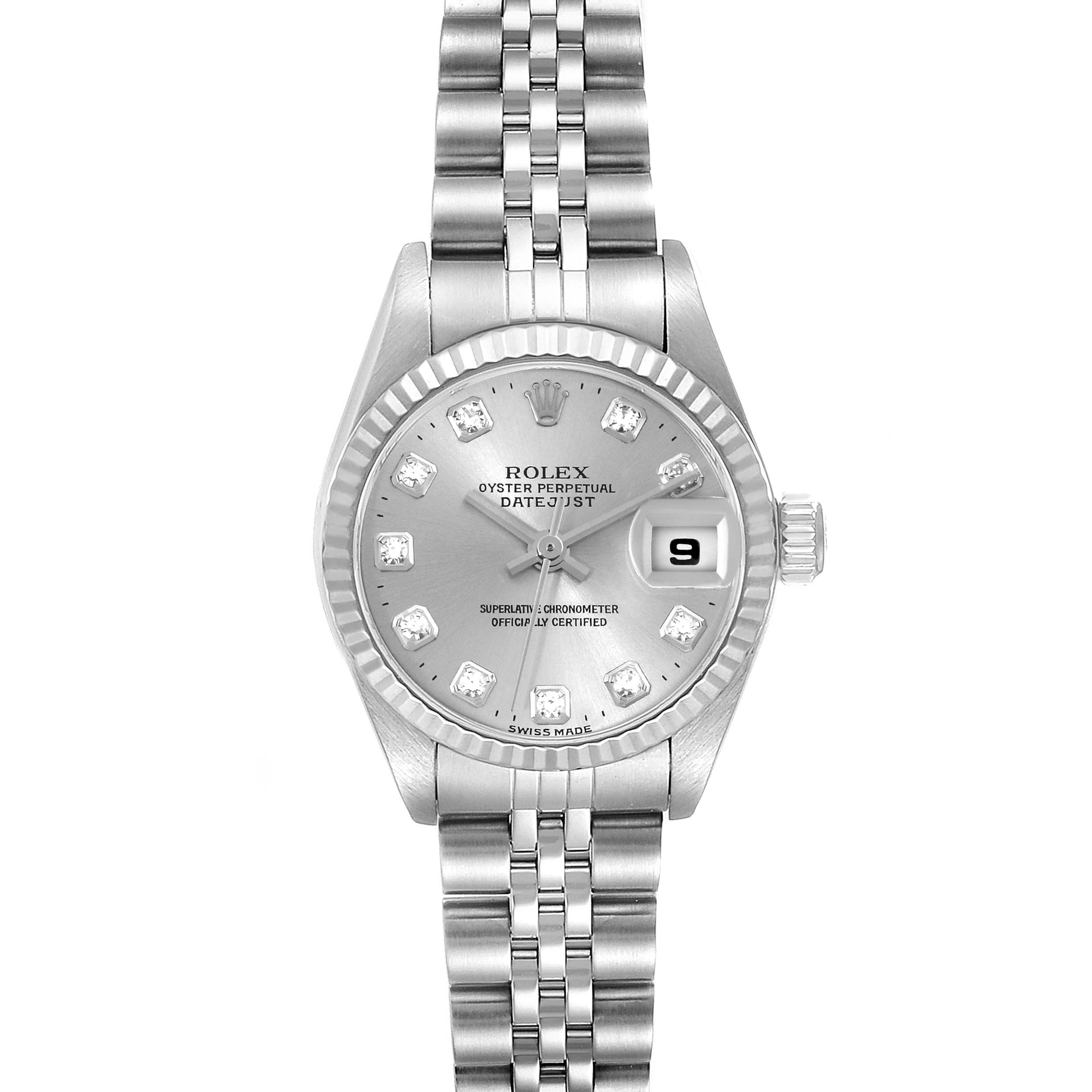 The image shows a frontal view of a Rolex Datejust 79174 Women's Stainless Steel Silver Dial 79174 Women's Stainless Steel Silver Dial watch, including the dial, bezel, bracelet, and date window.