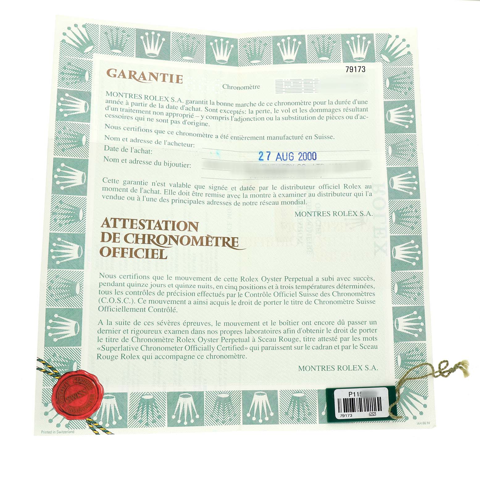 The image shows a Rolex Datejust 79173 Women's Stainless Steel White Dial warranty card and certificate document with text and a decorative border.